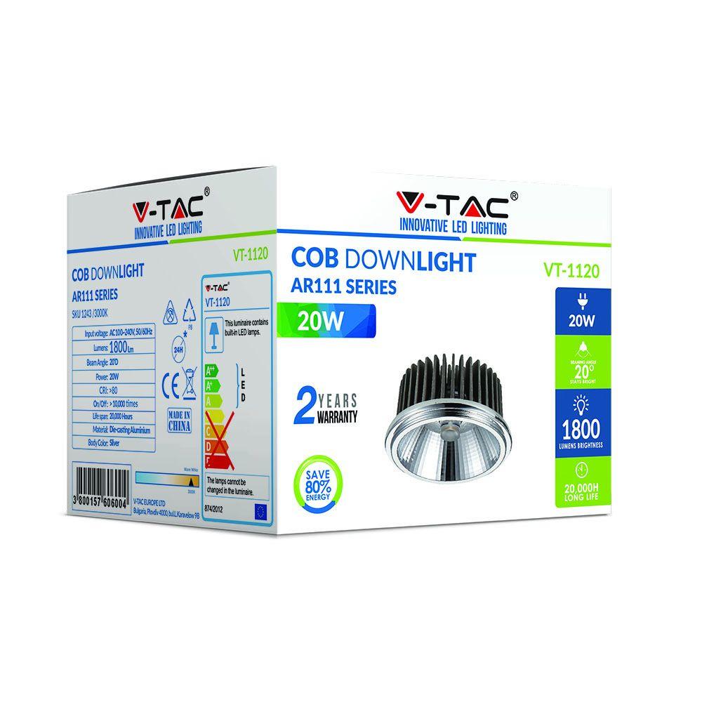 20W AR111 Żarówka LED, Barwa:6000K, Kąt 20', VTAC, SKU 1245