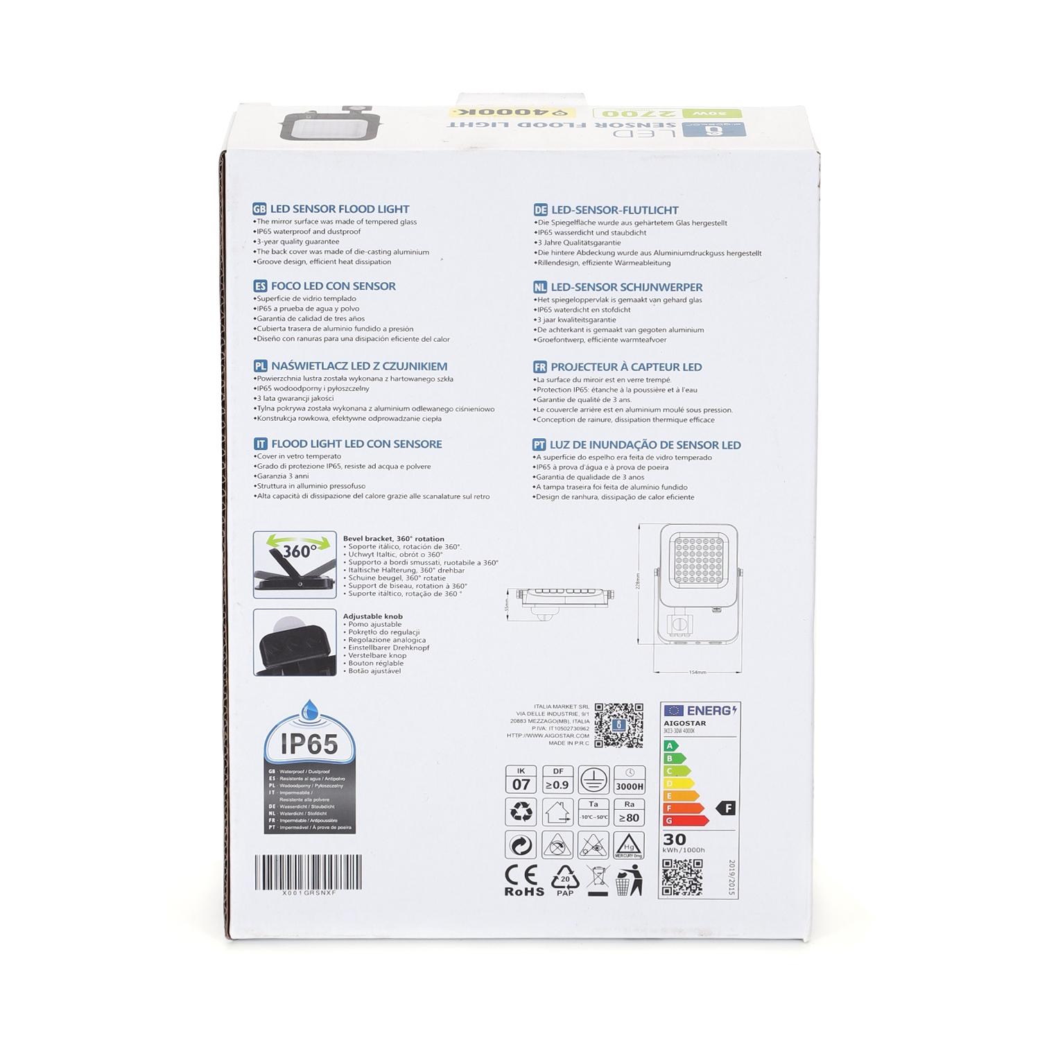 Naświetlacz LED z czujnikiem 30W 2700lm 4000K IP65(30W,4000K,IP65)