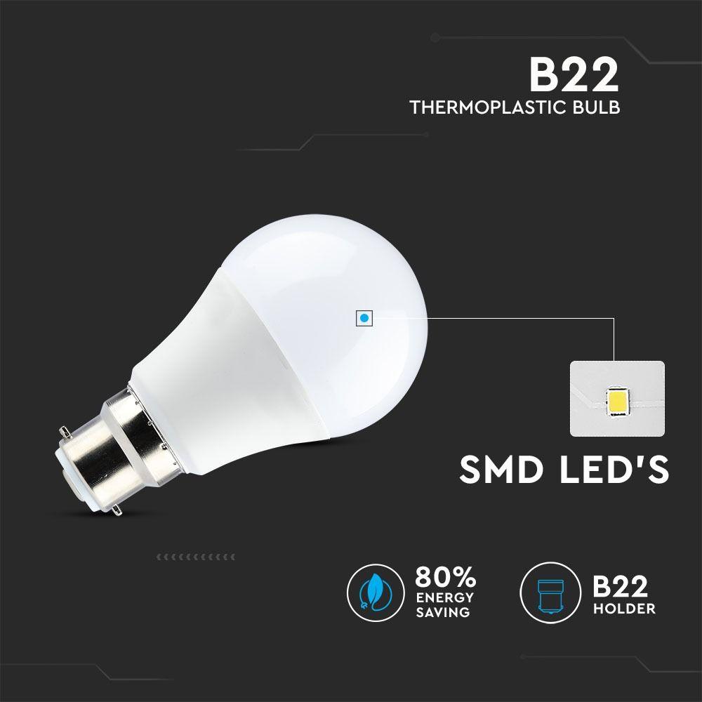 9W Żarówka LED A60, Barwa:2700K, Trzonek:B22, VTAC, SKU 7422