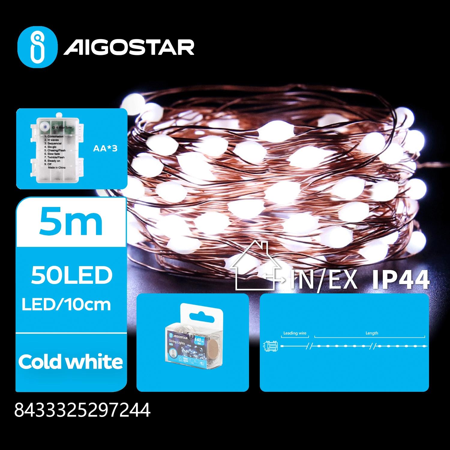 3AA battery copper wire string lights, cold white, 5m