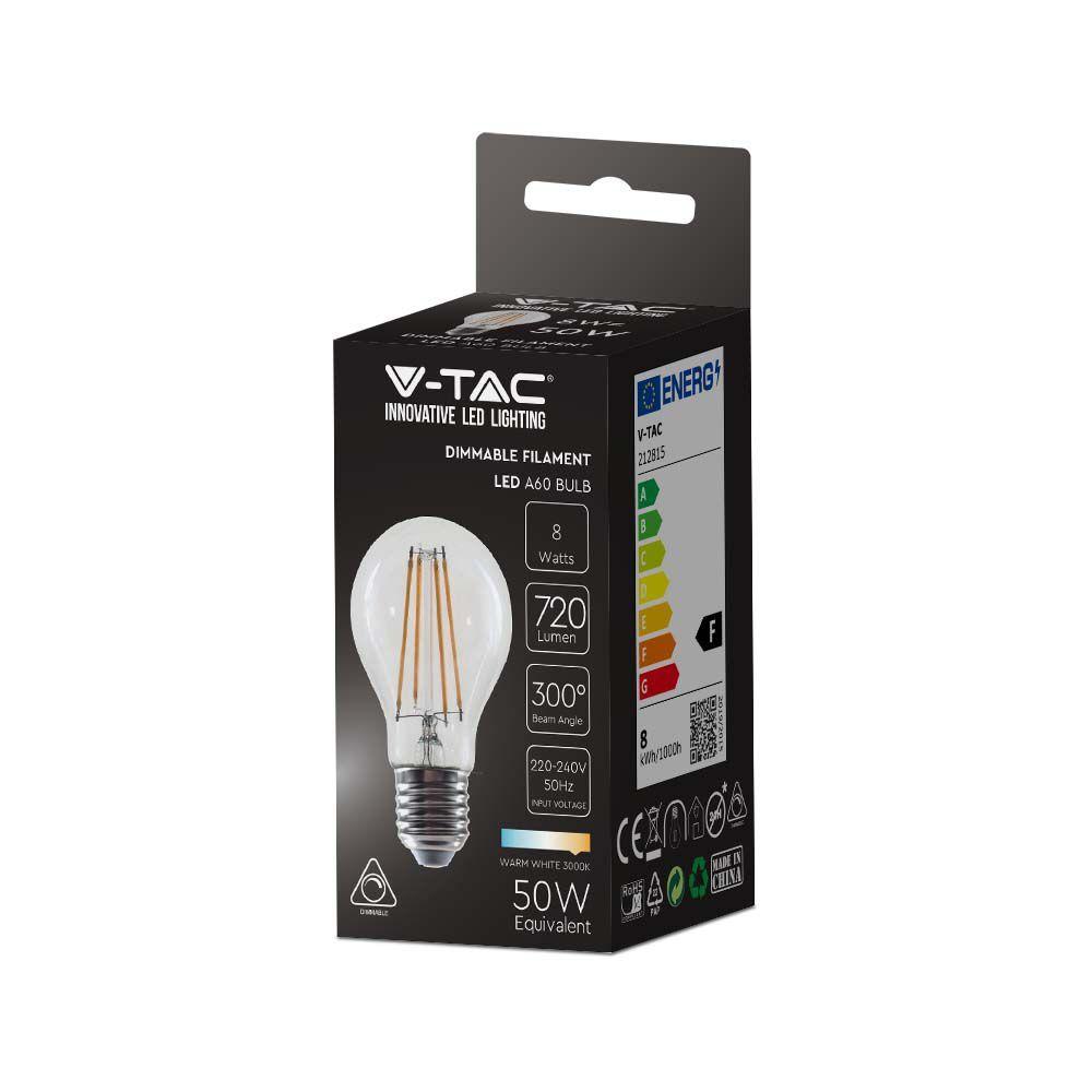 8W A65 Żarówka LED Filament, Barwa:3000K, Ściemniana, Trzonek:E27, VTAC, SKU 212815