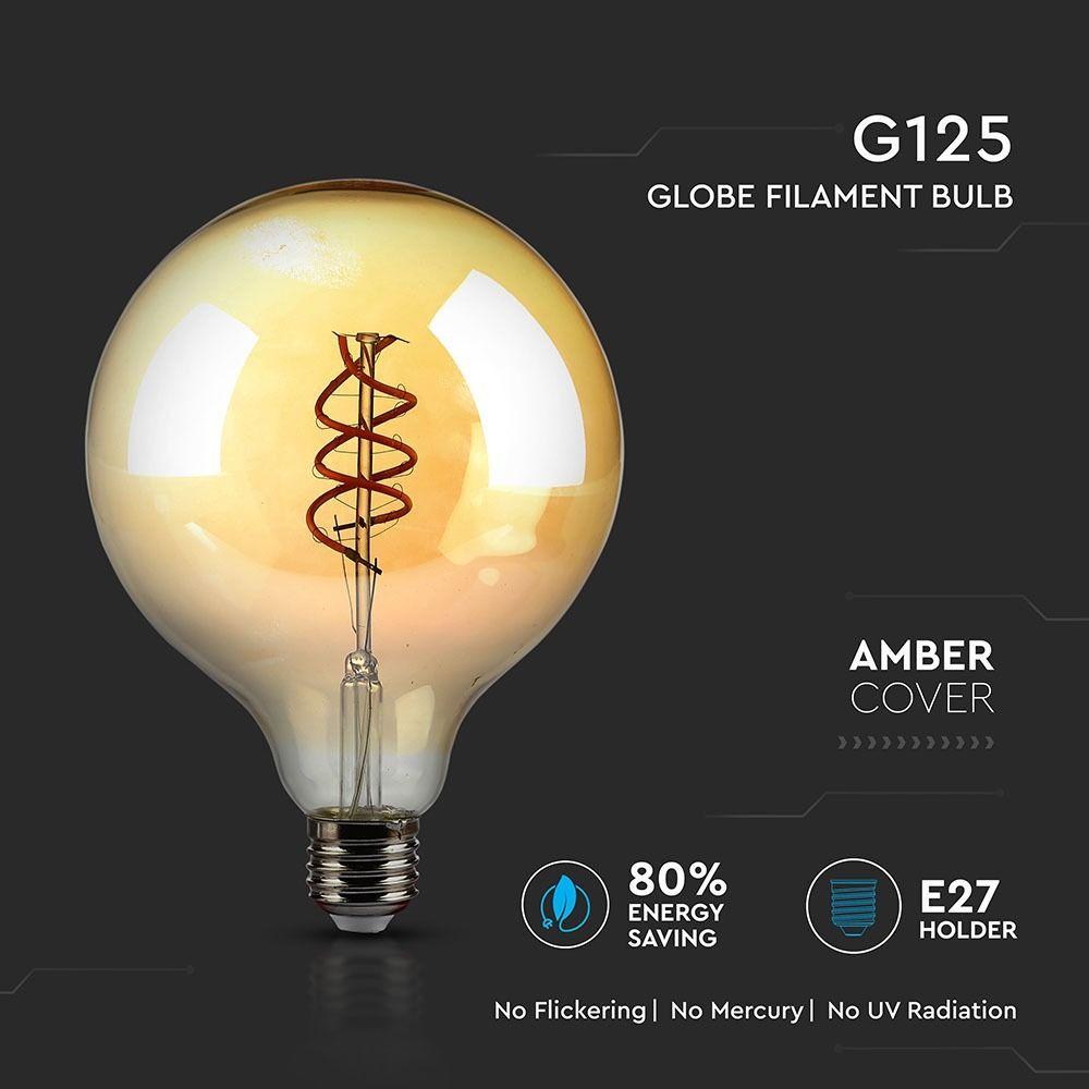 6W G125 Żarówka LED Filament 2xSpieral, Klosz Bursztynowy, Barwa:2200K, Trzonek:E27, VTAC, SKU 7328