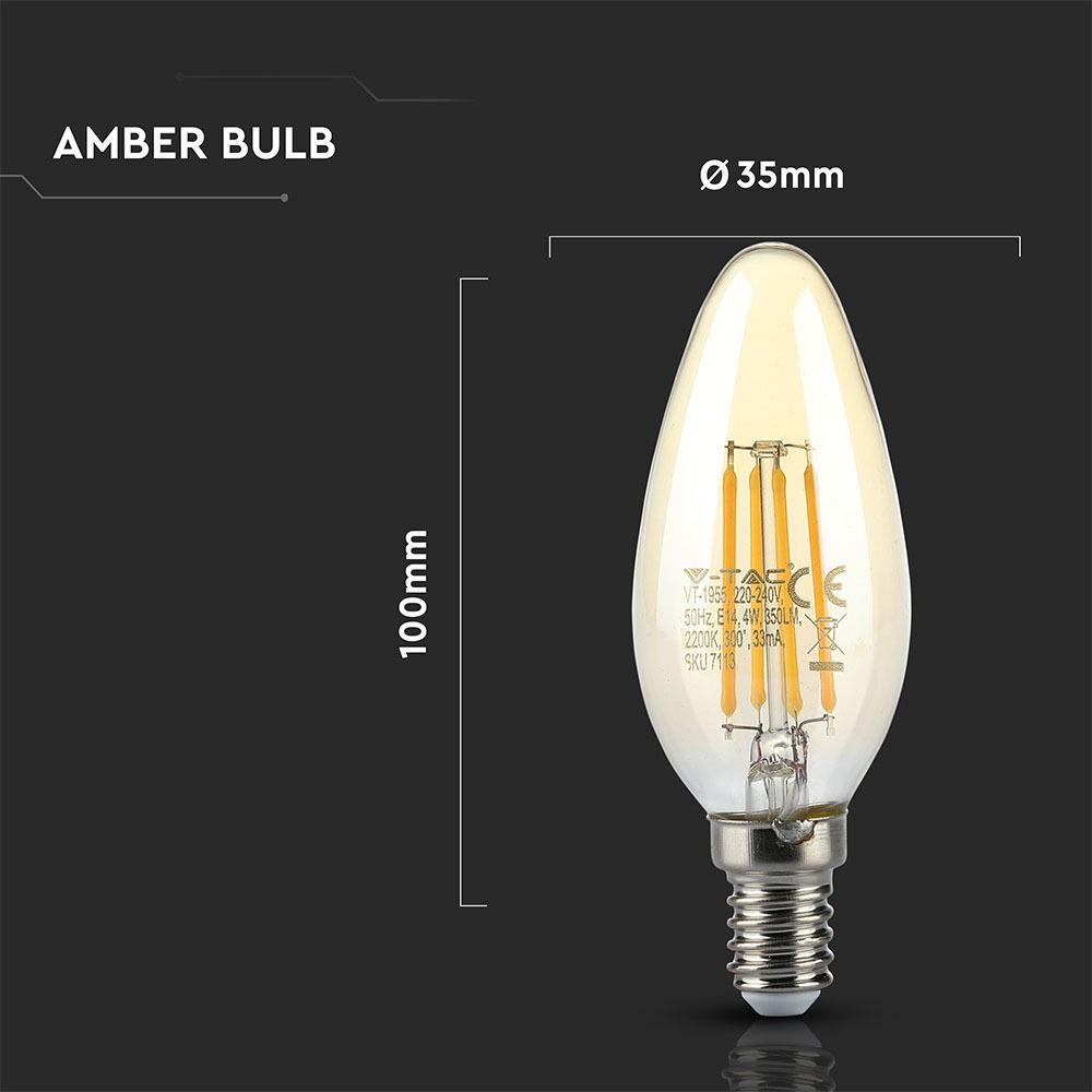 4W C35 Żarówka LED Filament, Klosz: Bursztynowy, Barwa:2200K, Trzonek:E14, VTAC, SKU 7113