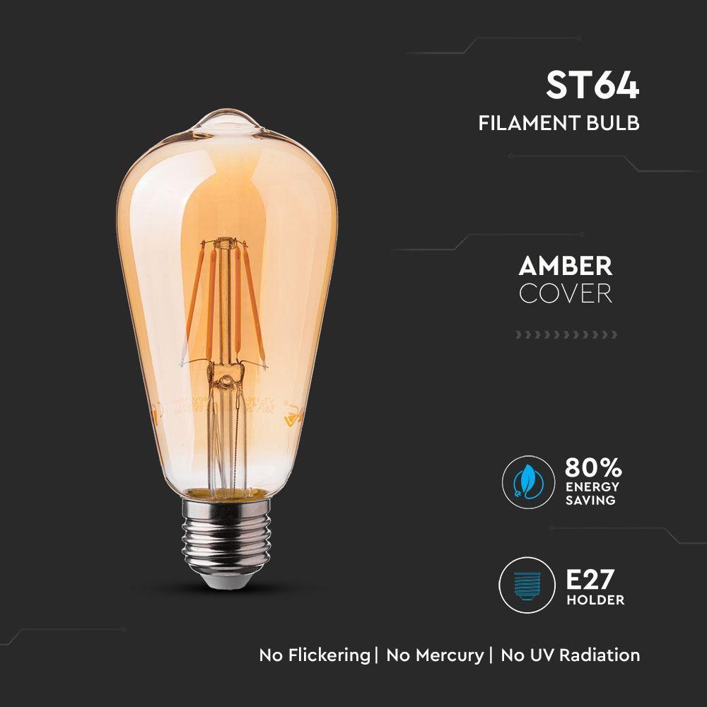 VT-1966 6W LED ST64 FILAMENT AMBER GLASS BULB 2200K E27