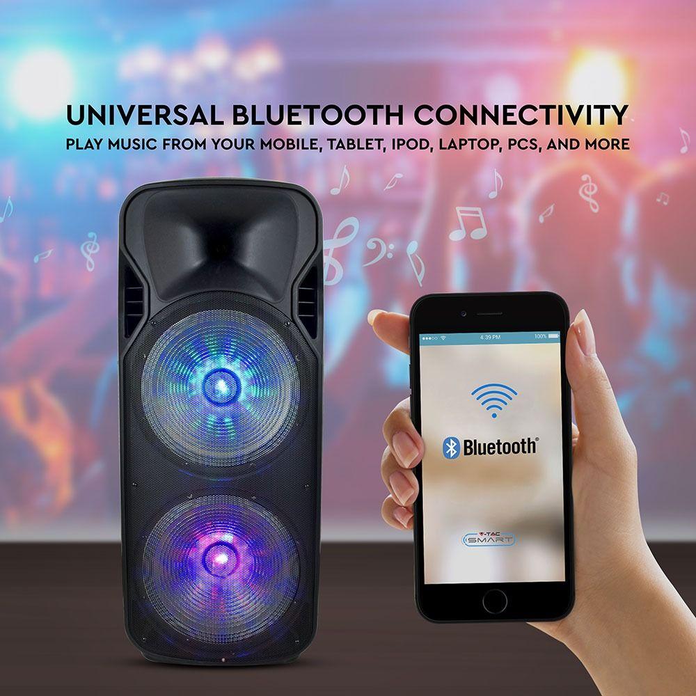 150W Przenośny głośnik karaoke bluetooth, gniazdo USB, slot na kartę micro SD/gniazdo AUX/2x Mikrofon/Podświetlenie LED(2*38 cm), VTAC, SKU 7733