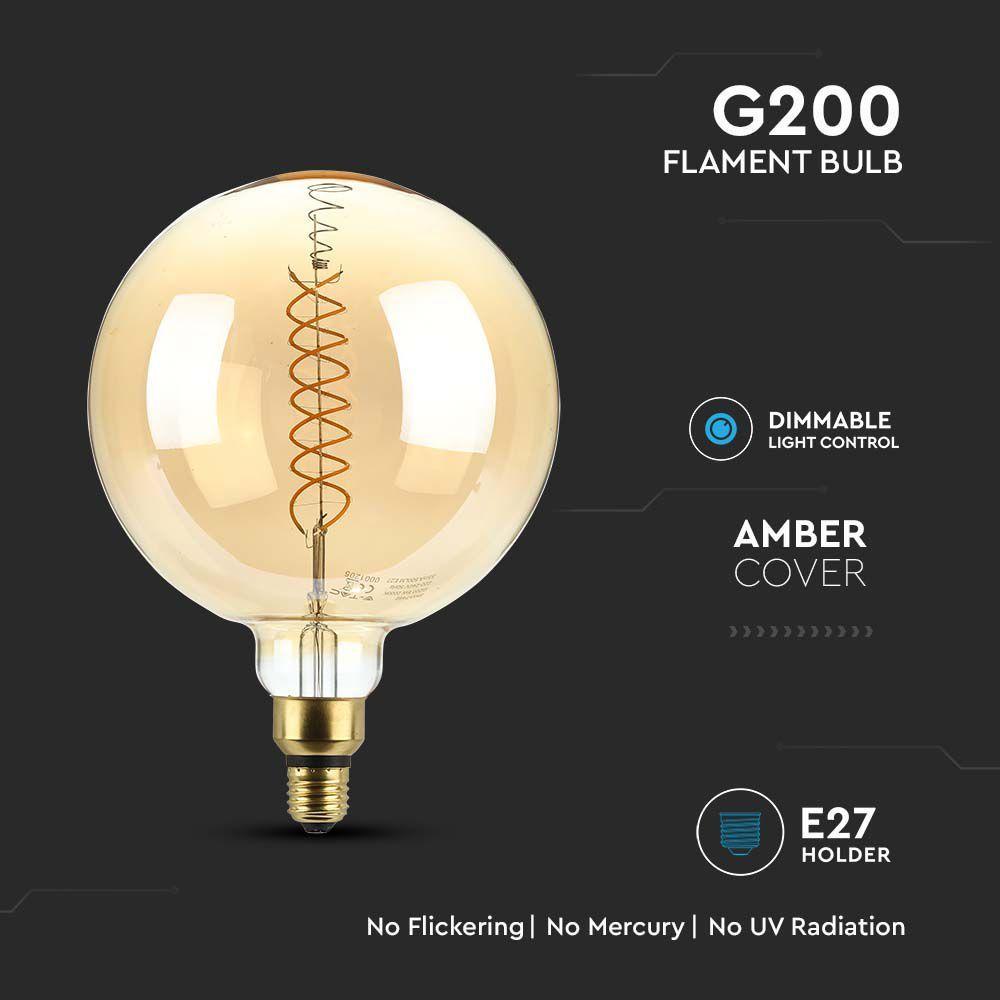 8W G200 Żarówka LED Filament, Barwa:2000K, Ściemniana, Trzonek:E27, VTAC, SKU 217462