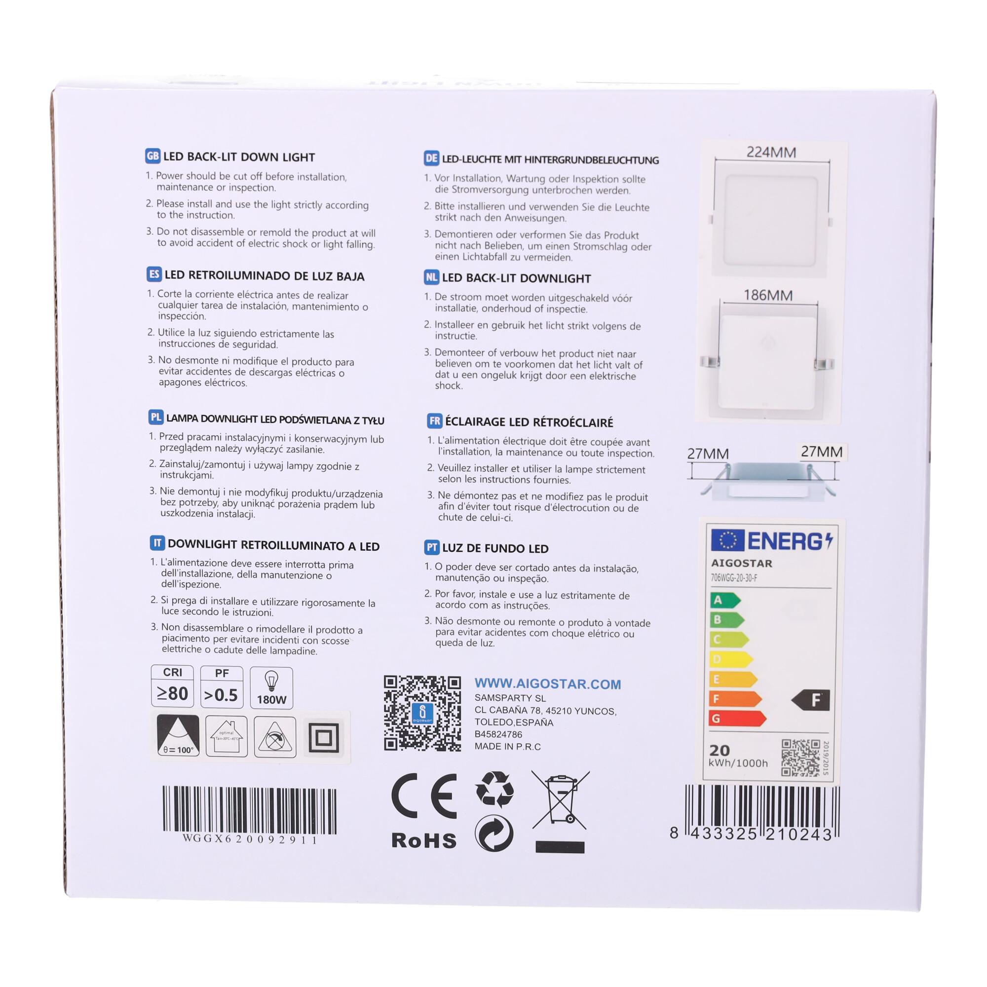 E6 LED  Flush-mounted Square Downlight 20W Yellow Light