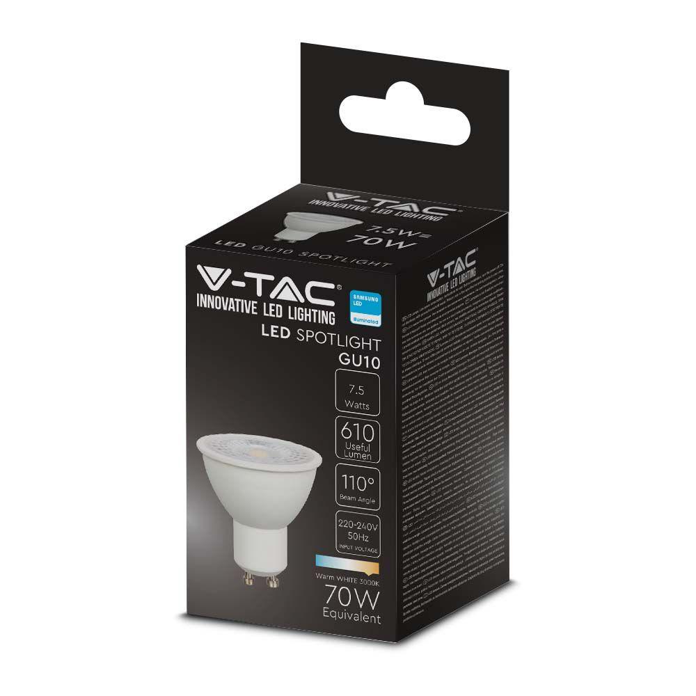 7.5W GU10 Żarówka LED, Chip SAMSUNG, Barwa:3000K, Kąt 110', Trzonek:GU10 , VTAC, SKU 21872