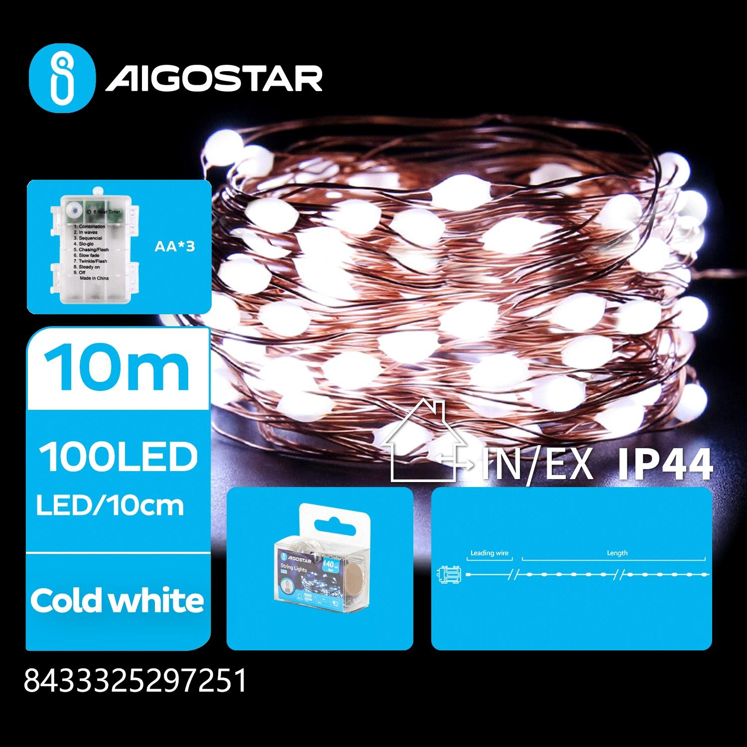 3AA battery copper wire string lights, cold white, 10m