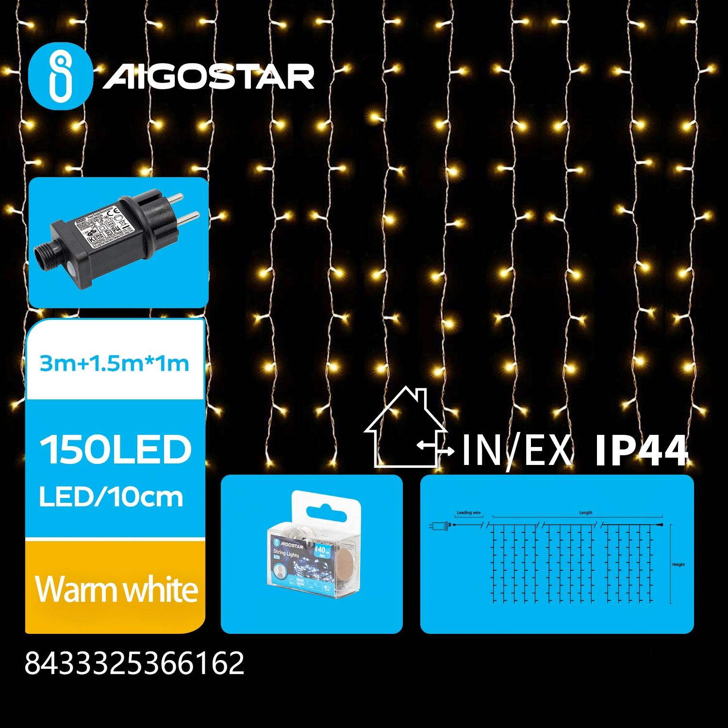 Low voltage connectable curtain (flush) flat string lights, warm white, 3m+1.5m*1m, 150LEDs, 15strips