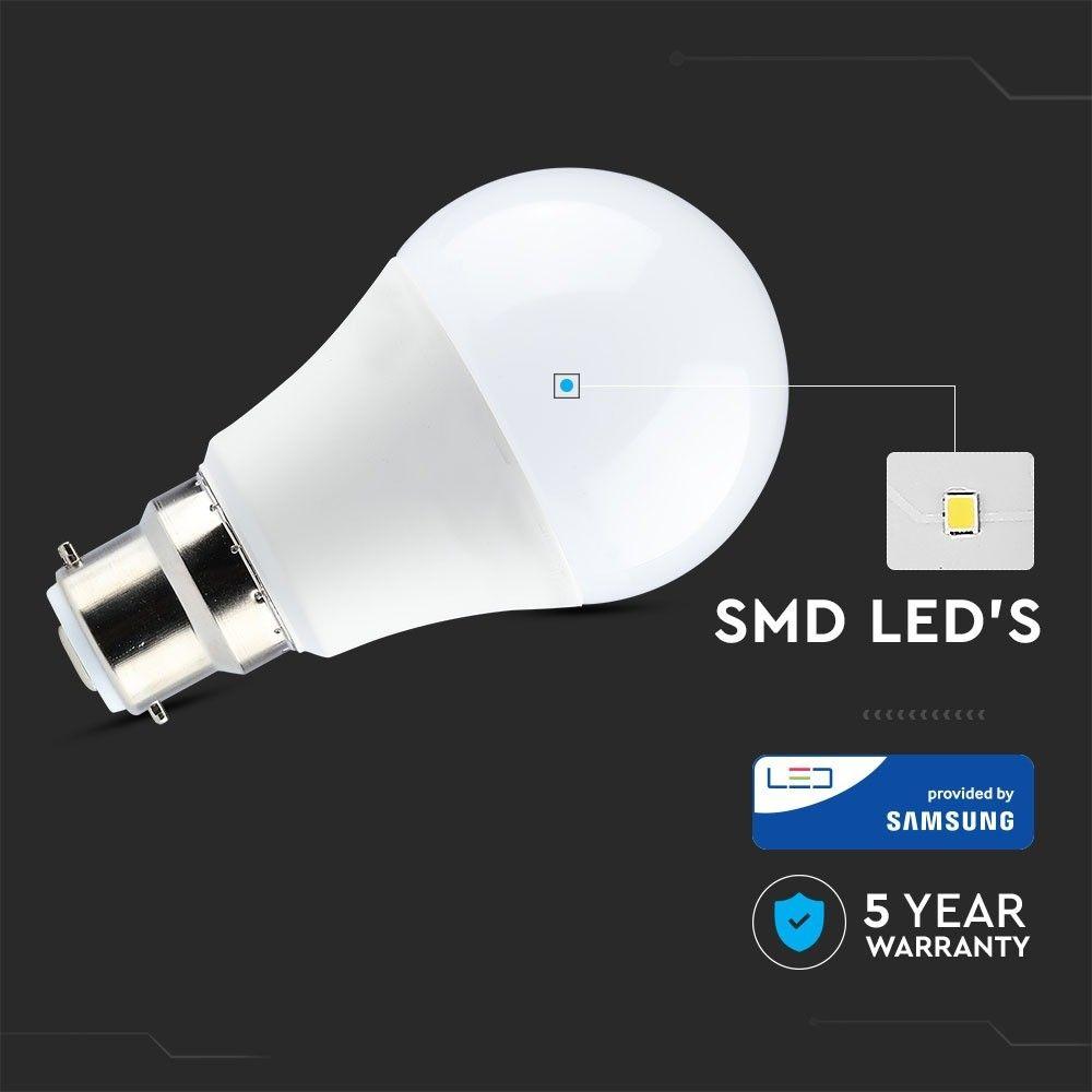 VT-259D 9W A60 PLASTIC BULB SAMSUNG CHIP 3000K B22 DIMMABLE