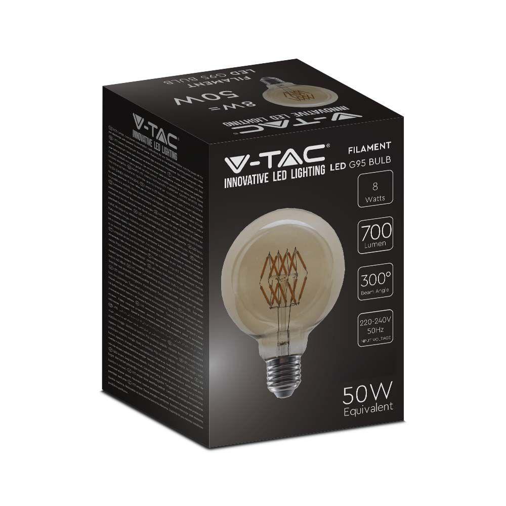 8W G95 Żarówka LED Filament, Klosz Bursztynowy, Barwa:2200K, Trzonek:E27, VTAC, SKU 217145