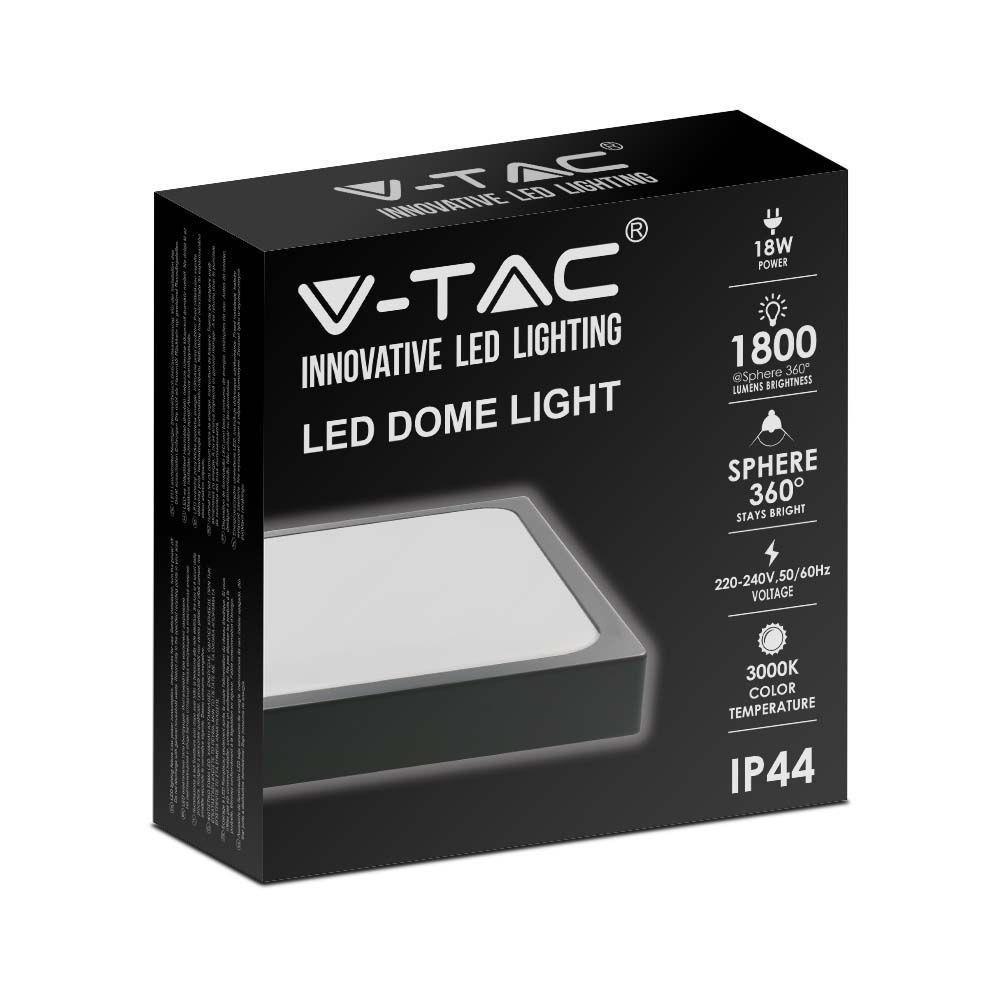 18W Plafon LED, Średnica: 225mm, Barwa:6500K, Klosz: Kwadratowy mleczny czarna ramka, IP44, VTAC, SKU 7644