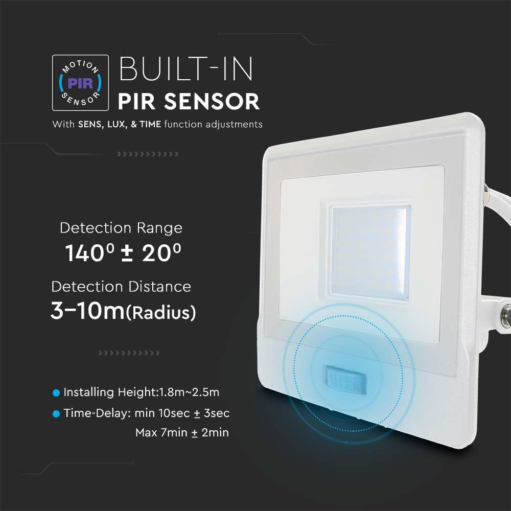 30W Naświetlacz LED SMD z czujnikiem ruchu, Chip SAMSUNG, Przewód: 1m, Barwa:6500K, Obudowa: Biała, VTAC, SKU 20300