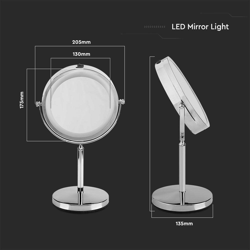 3W Lusterko kosmetyczne na biurko z podświetleniem LED, Zasilanie: 4xAAA, Barwa:6400k, VTAC, SKU 6629