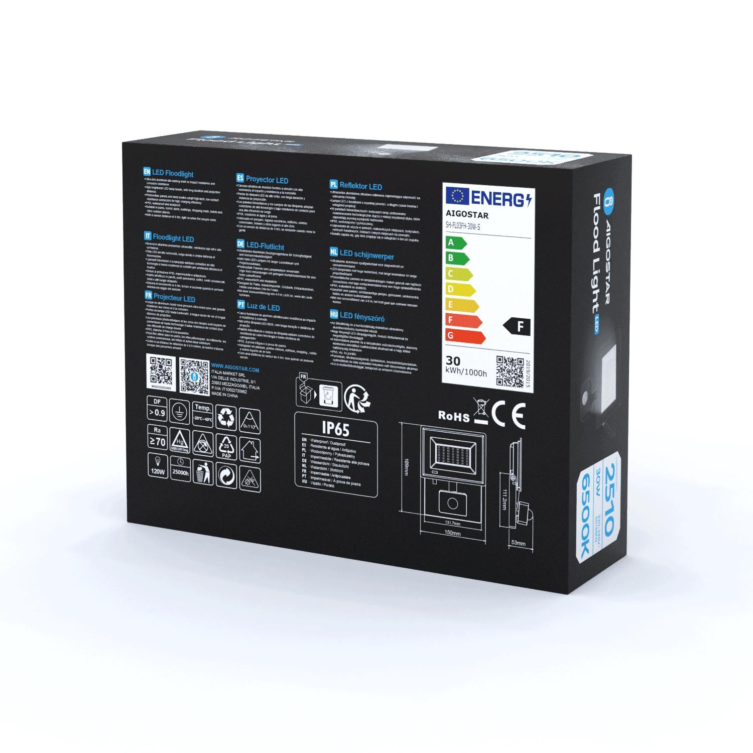 Naświetlacz LED z czujnikiem 30W 2510lm 6500K IP65 (30W,6500K,IP65)