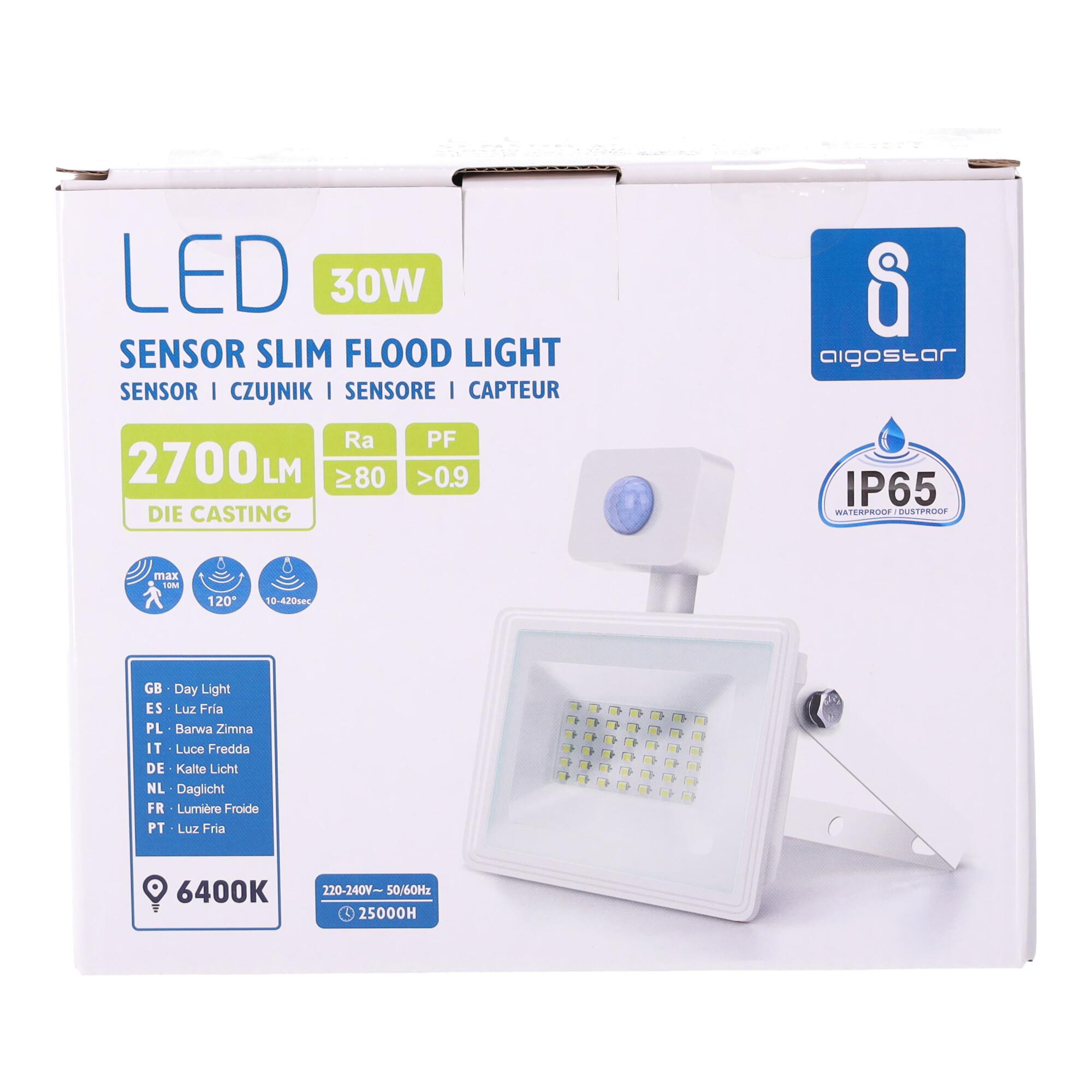 LED Slim Floodlight with Sensor White 30W (Die-casting)