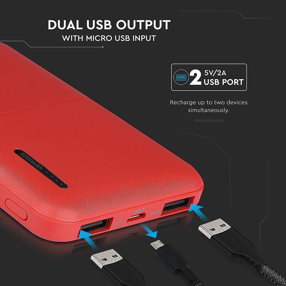 Power Bank, 3.7V/5000mAh, Czerwony, VTAC, SKU 8894