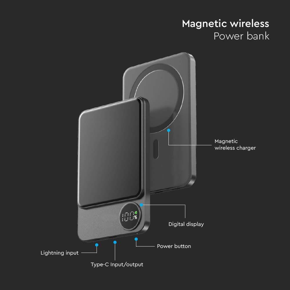 Power Bank Magnetyczny kompatybilny z iPhone 12 i wyższymi modelami, Ultra cienki 9mm, 5000mAh, Szybkie ładowanie, Obudowa aluminium, Kosmiczna szarość, VTAC, SKU 7850