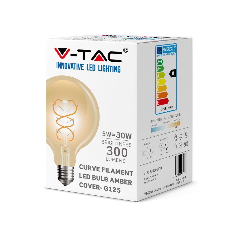 5W G125 Żarówka LED Filament Globe, Barwa:2200K, Klosz: Bursztynowy, Trzonek: E27, VTAC, SKU 7216