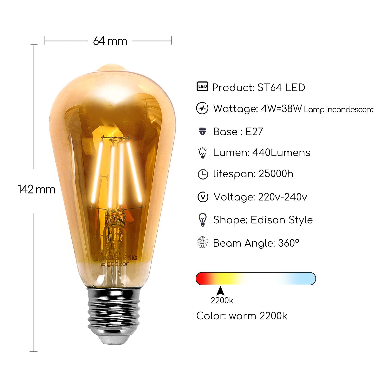 Żarówka LED Filament (Bursztynowa) ST64 E27 4W(4W,400lm,E27,2200K)