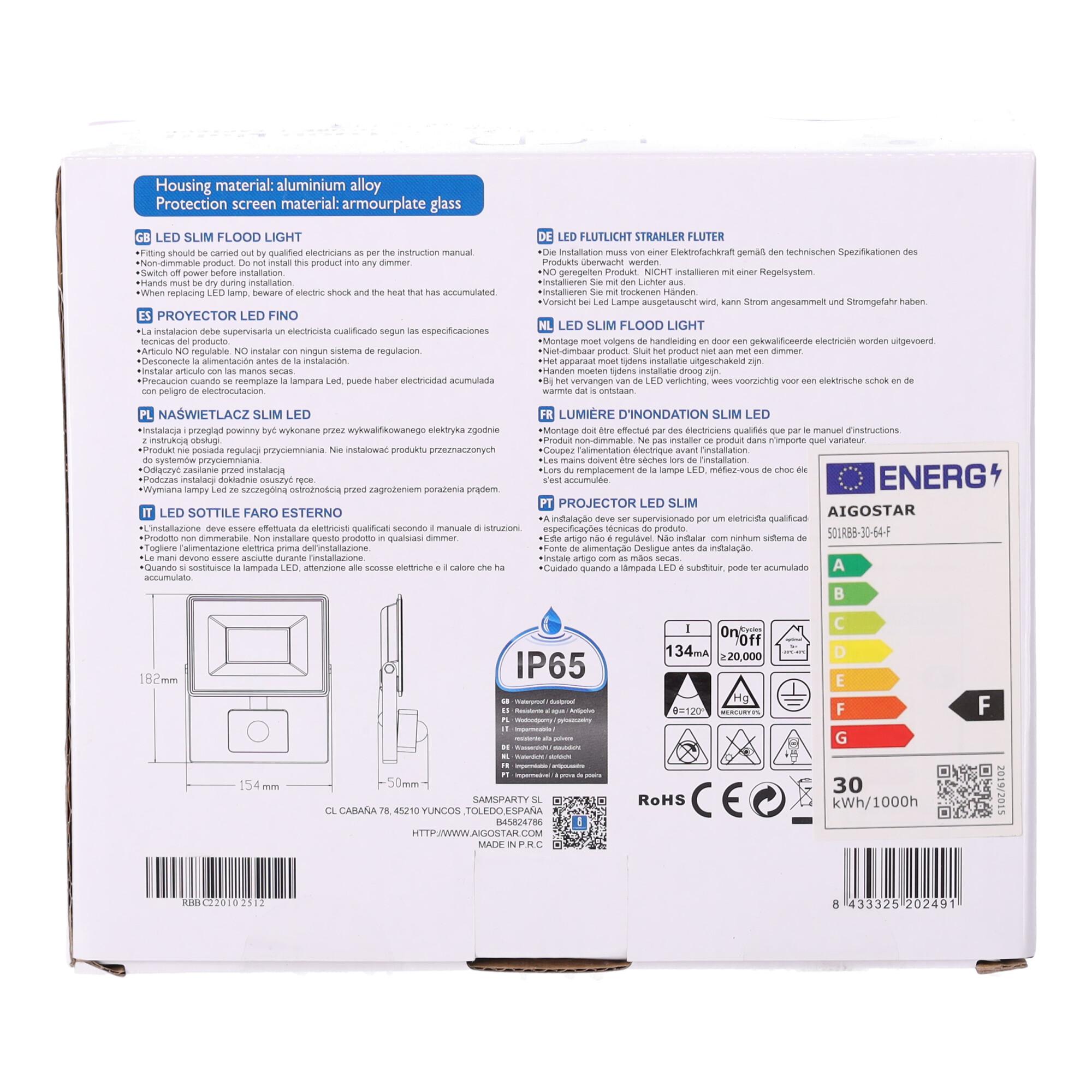 LED Slim Floodlight with Sensor White 30W (Die-casting)