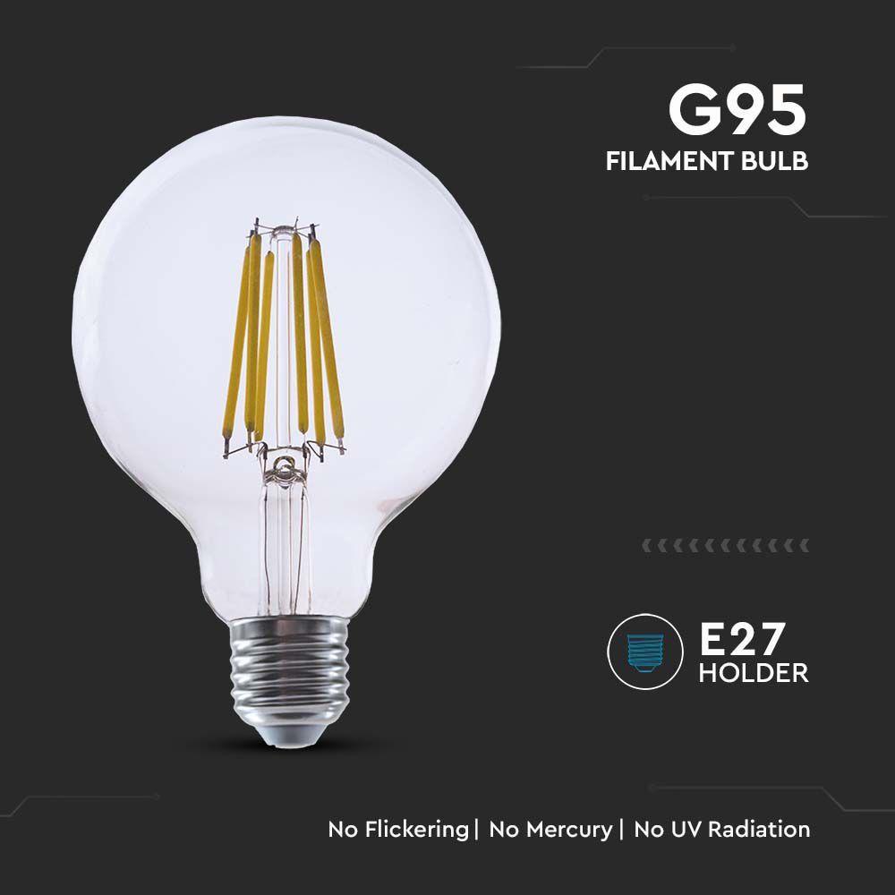 4W G95 Żarówka LED Filament, Klosz Transparentny, Barwa:4000K, Trzonek:E27, Skuteczność: 210lm/W, VTAC, SKU 2995