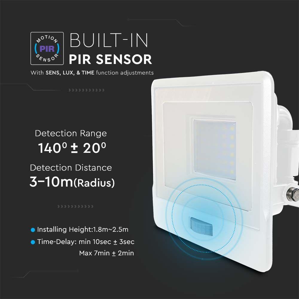 30W Naświetlacz LED SMD z czujnikiem ruchu i mufą kablową, Chip SAMSUNG, Barwa:6500K, Obudowa: Biała, VTAC, SKU 20276