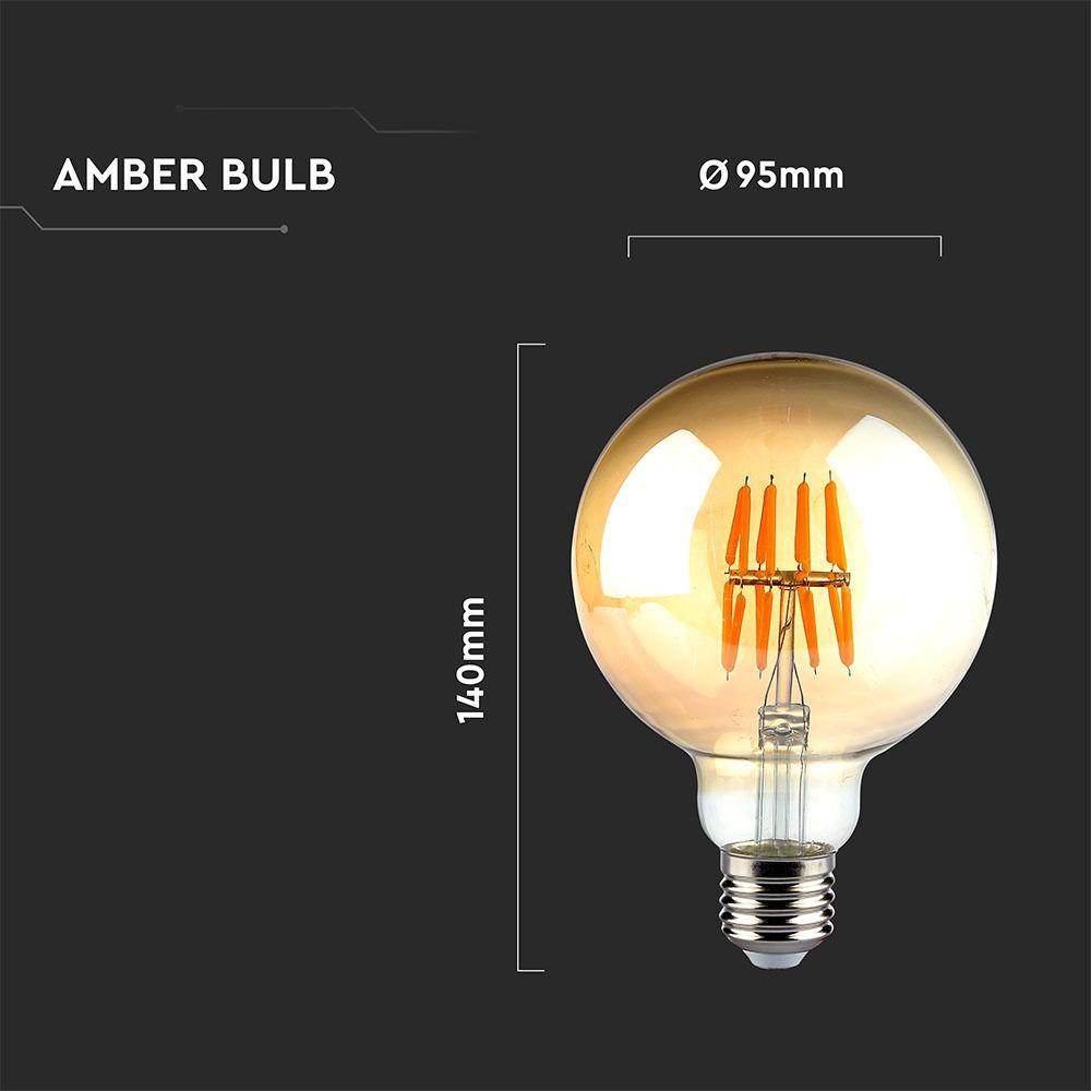 8W G95 Żarówka LED Filament, Klosz Bursztynowy, Barwa:2200K, Trzonek:E27, VTAC, SKU 7145