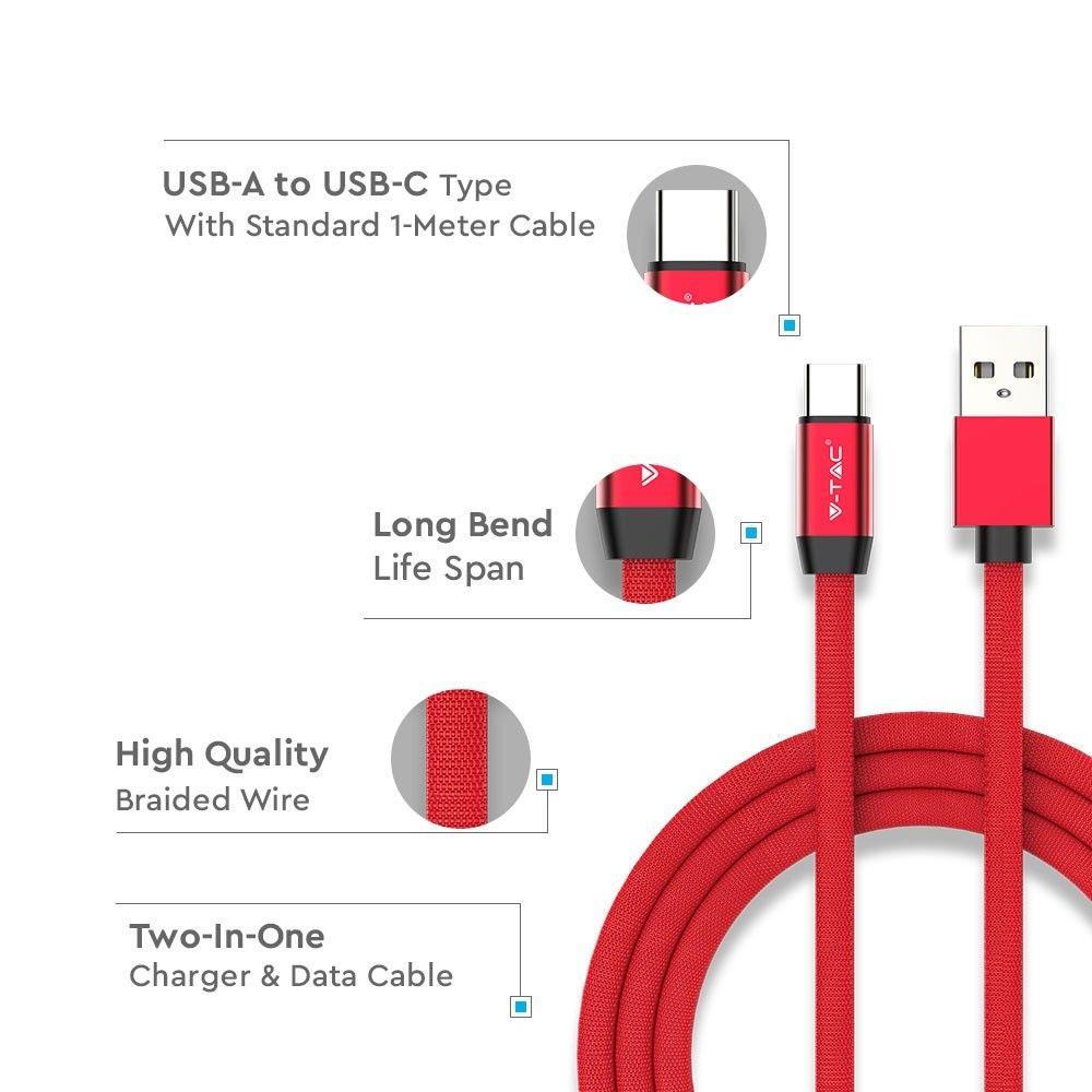 Przewód USB typ: C, 1m, Czerwony, VTAC, SKU 8631