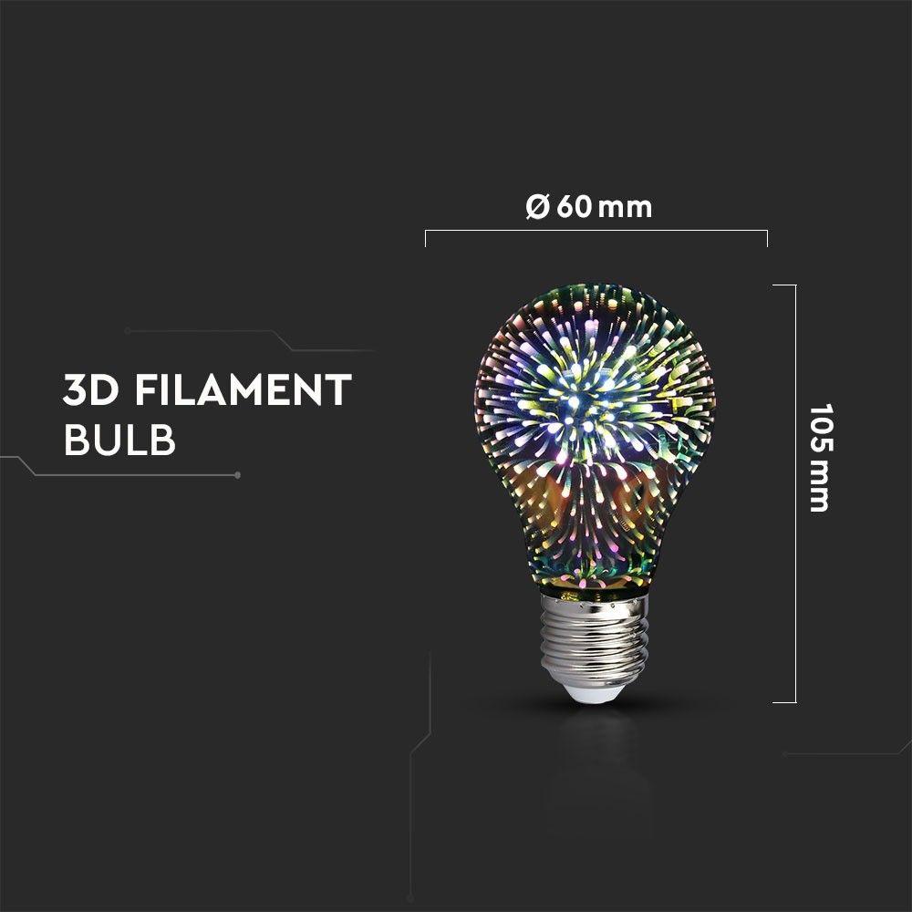 3W A60 Żarówka LED Filament 3D, Barwa:3000K, Trzonek:E27, VTAC, SKU 2704