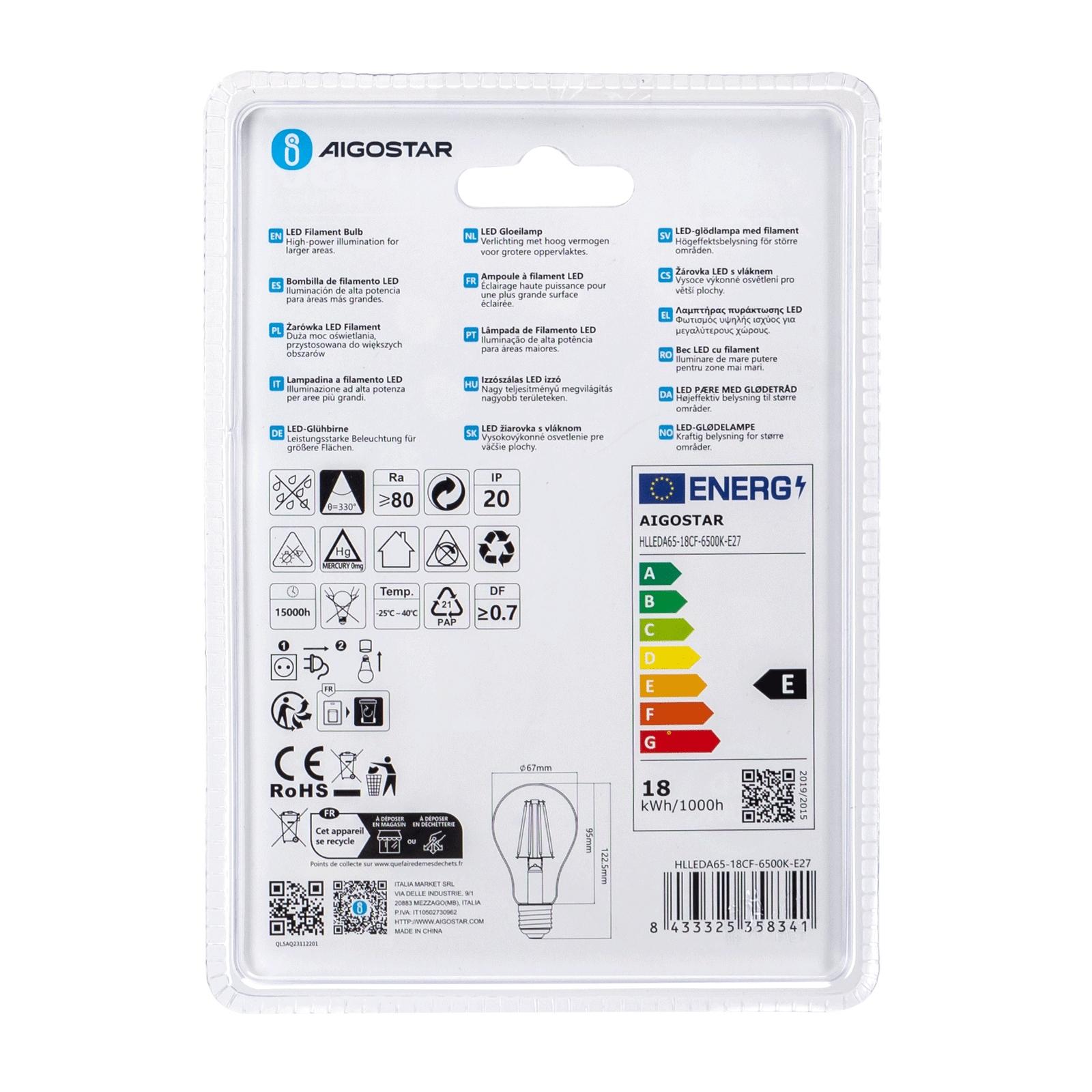 Żarówka LED Filament (Przezroczysta) A65 E27 18W