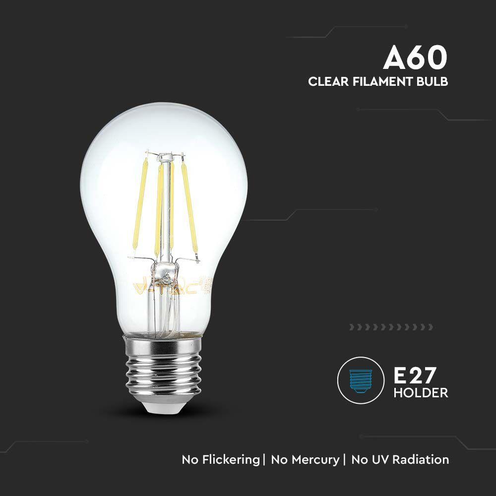 12W A70 Żarówka LED Filament, Klosz Transparentny, Barwa:4000K, Trzonek:E27, VTAC, SKU 217459