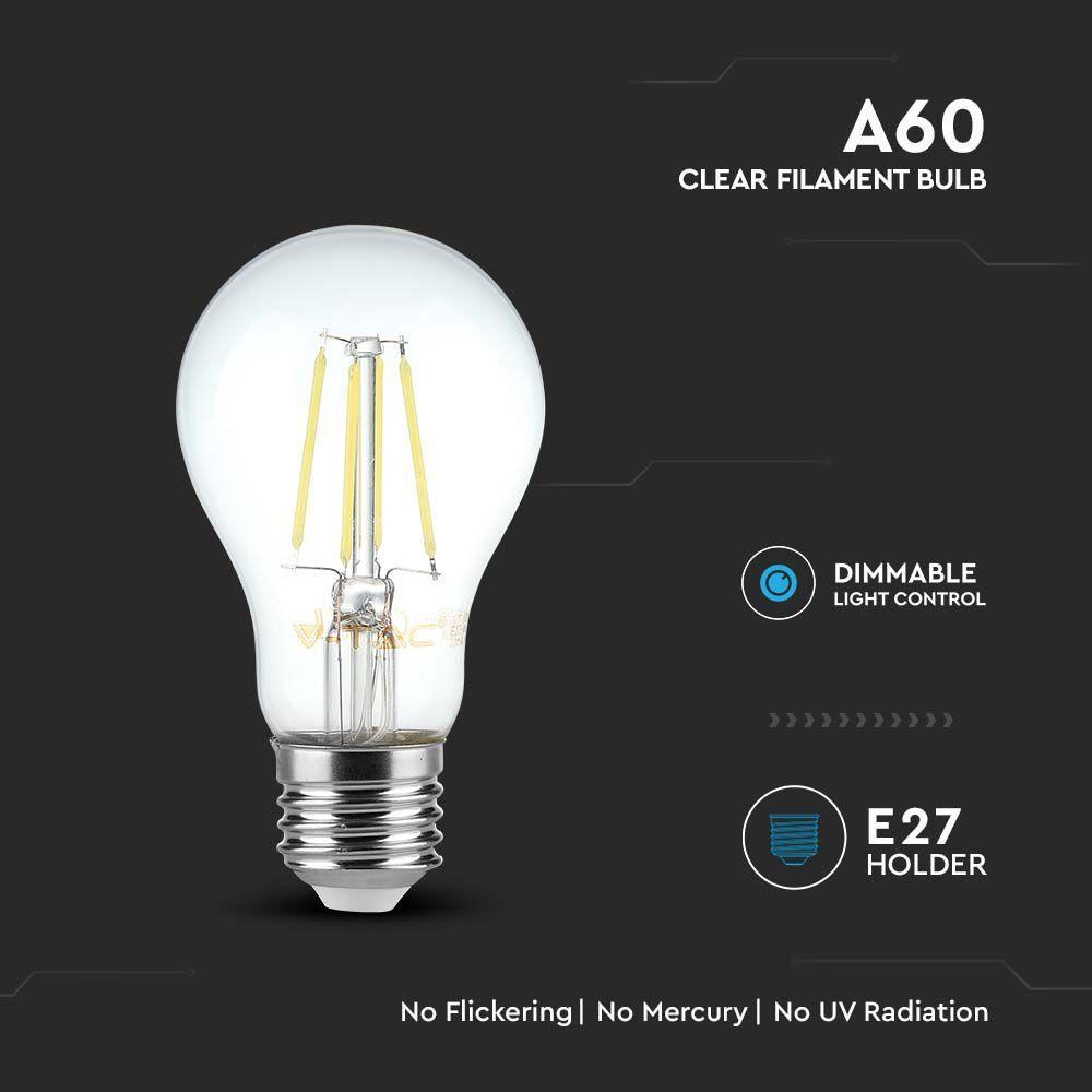 8W A65 Żarówka LED Filament, Barwa:3000K, Ściemniana, Trzonek:E27, VTAC, SKU 212815