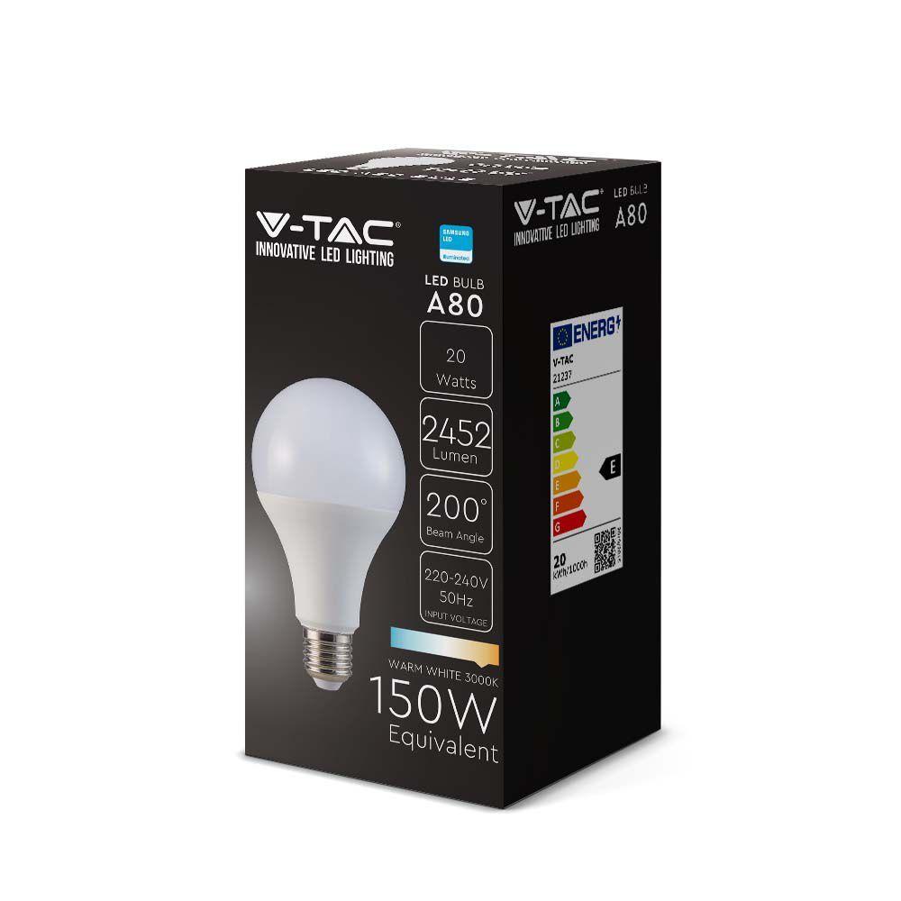 20W A80 Żarówka LED, Chip SAMSUNG, Barwa:3000K, Trzonek:E27, Skuteczność 120lm/W, VTAC, SKU 21237