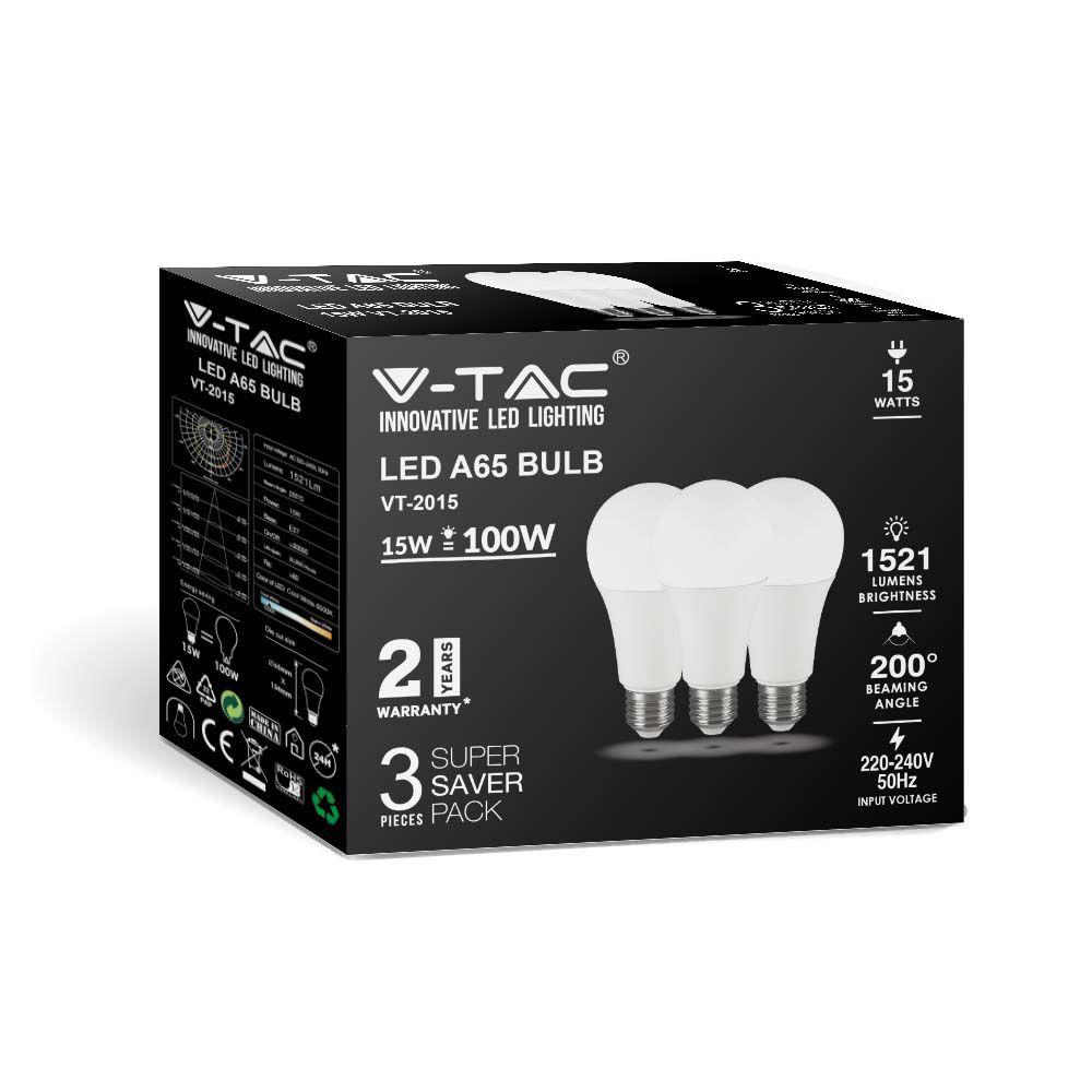 15W A65 Żarówka LED, Barwa:4000K Trzonek: E27, Opakowanie: 3szt., VTAC, SKU 212820