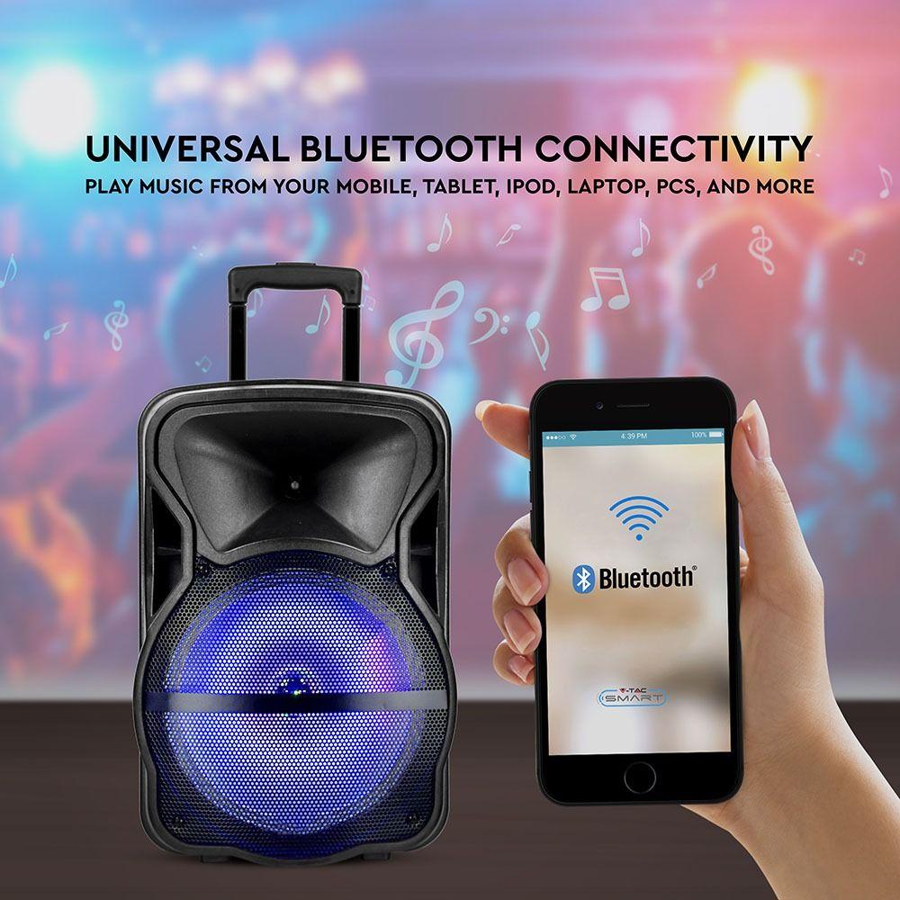 50W Przenośny głośnik karaoke bluetooth, gniazdo USB, slot na kartę micro SD/gniazdo AUX/2x Mikrofon/Podświetlenie LED (38 cm), VTAC, SKU 7738