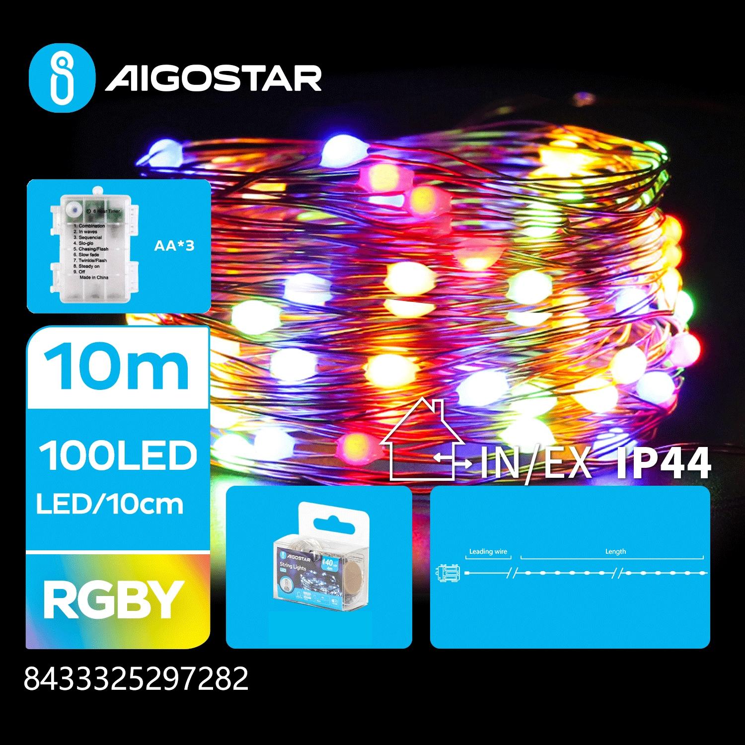 3AA battery copper wire string lights, RGBY, 10m