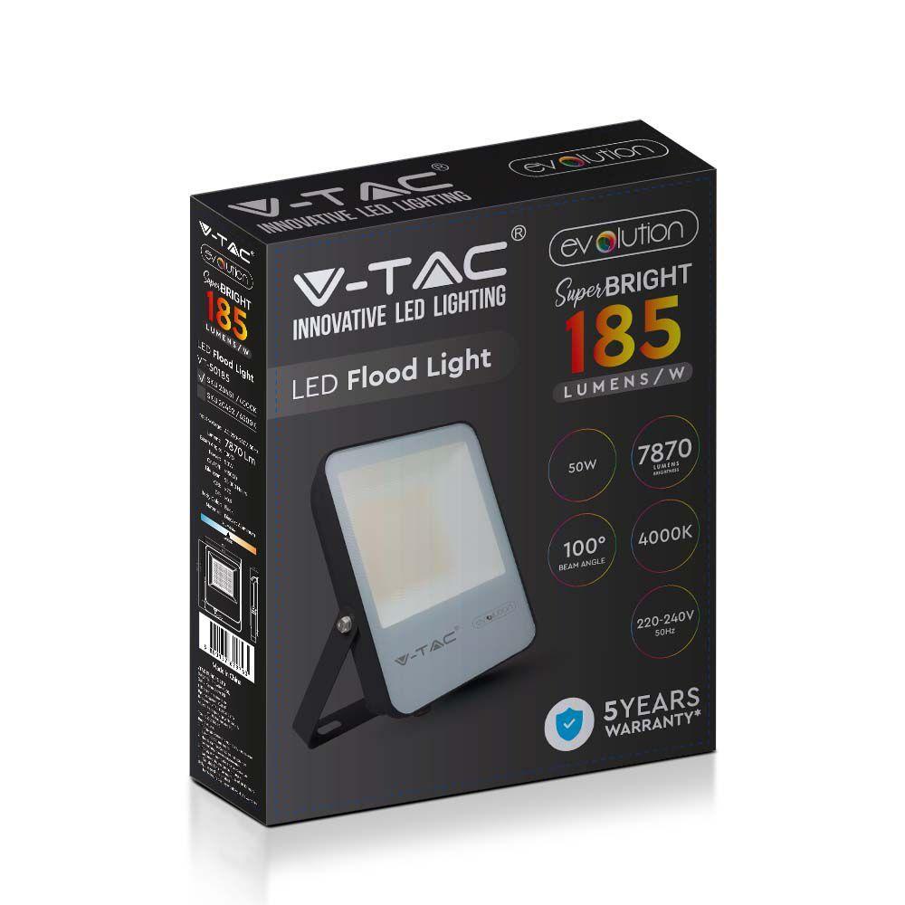 VT-50185 50W LED FLOODLIGHT 6400K BLACK BODY GREY GLASS 185LM/W