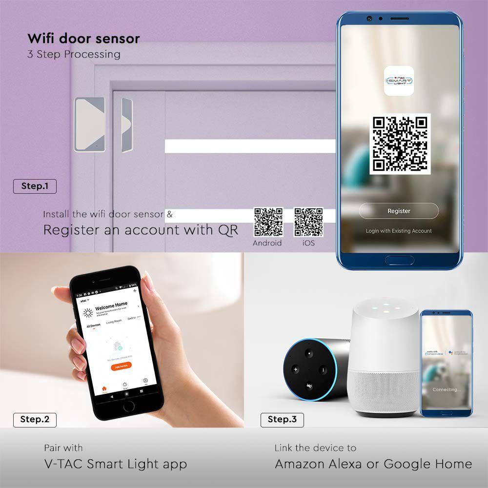 Czujnik kontaktronowy na baterie, Sterowanie: WiFi, Kompatybilny z Amazon Alexa i Google Home, VTAC, SKU 6782