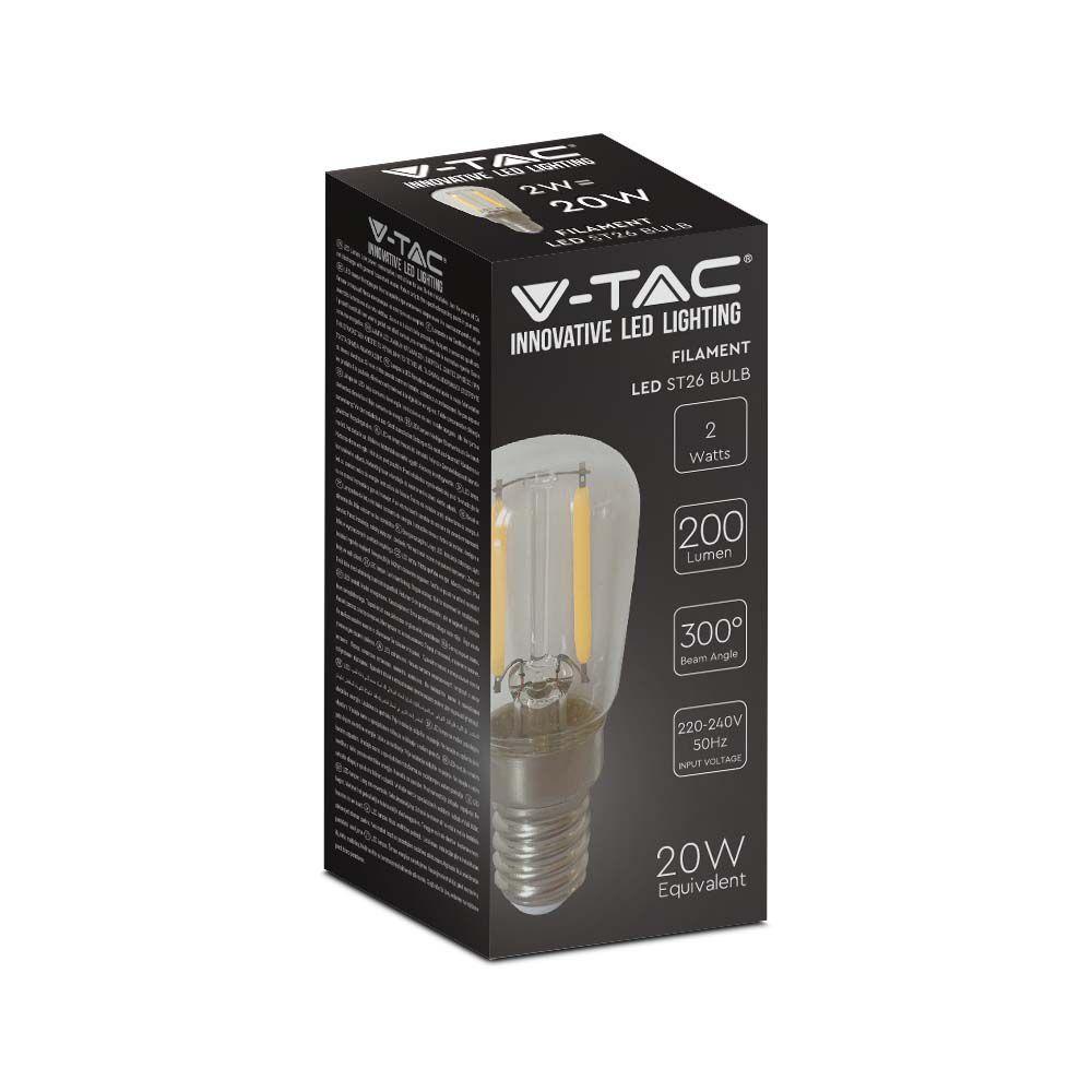 2W ST26 Żarówka LED Filament, Klosz Transparentny, Barwa:3000K, Trzonek:E14, VTAC, SKU 214444