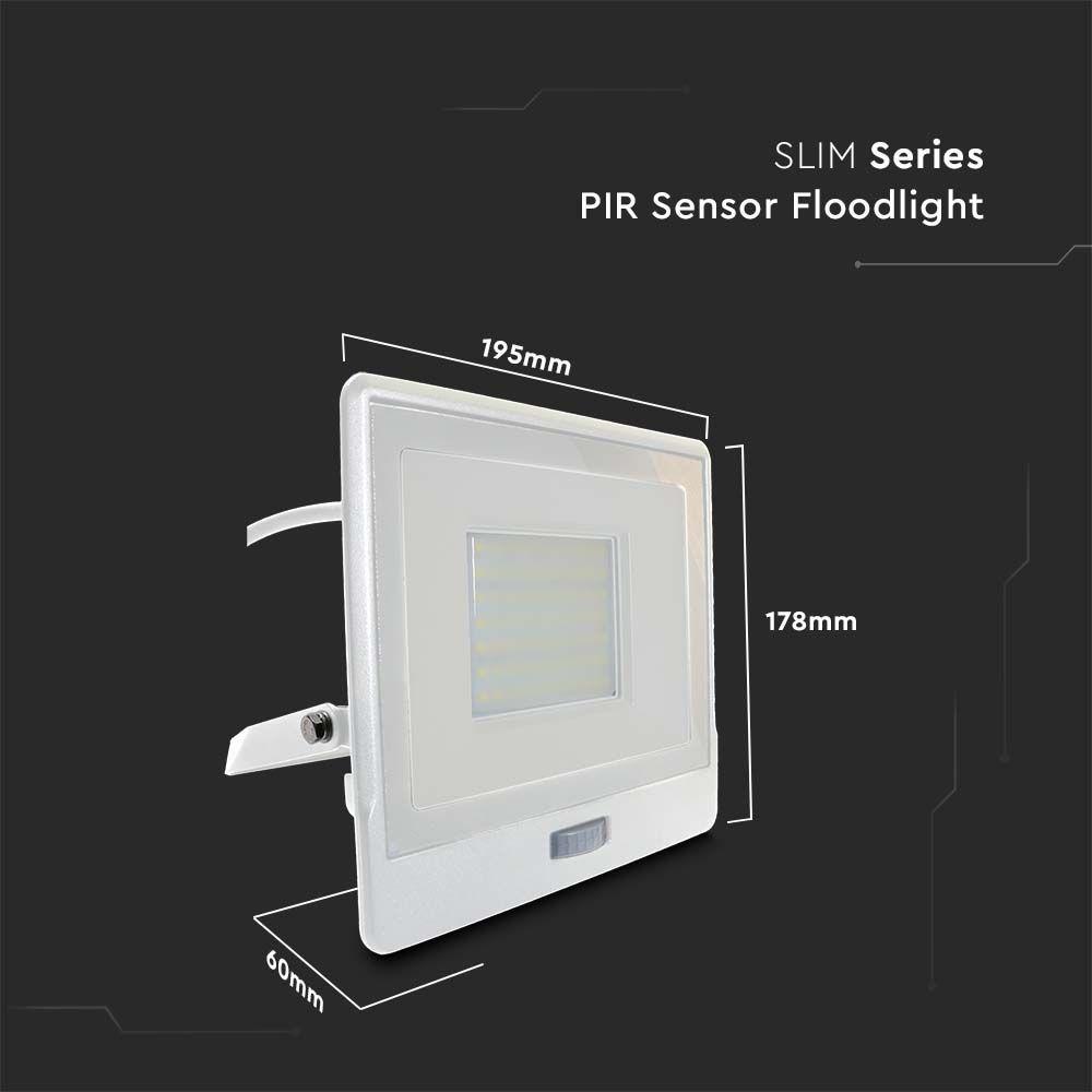 50W Naświetlacz LED SMD z czujnikiem ruchu, Chip SAMSUNG, Przewód: 1m, Barwa:3000K, Obudowa: Biała, VTAC, SKU 20301