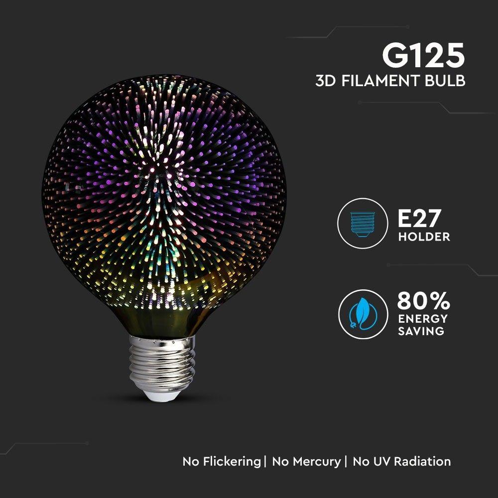 3W G125 Żarówka LED Filament 3D, Barwa:3000K, Trzonek:E27, VTAC, SKU 2706