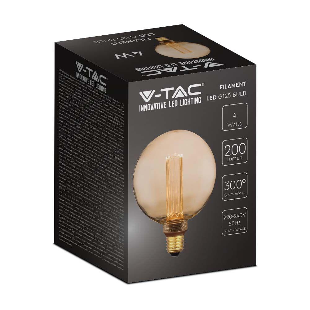 4W G125 Żarówka LED Filament, Klosz Bursztynowy, Barwa:1800K, Trzonek:E27, VTAC, SKU 217475