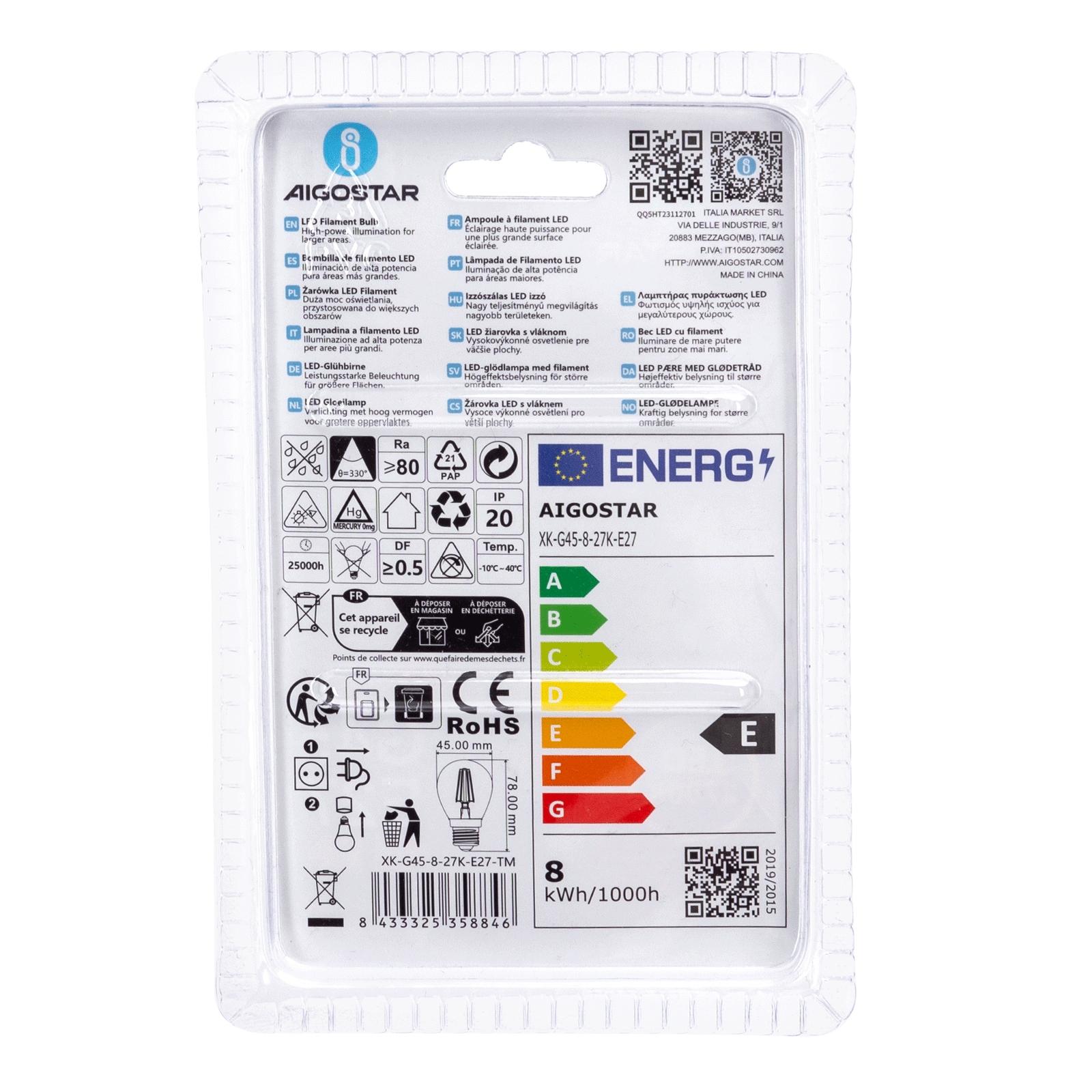 LED Filament Bulb (Clear) G45 E27 8W