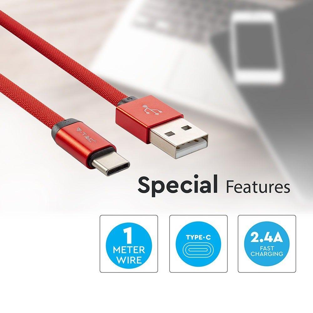 VT-5342 1M TYPE-C USB BRAIDED CABLE WITH COTTON FABRIC-RED(RUBY SERIES)