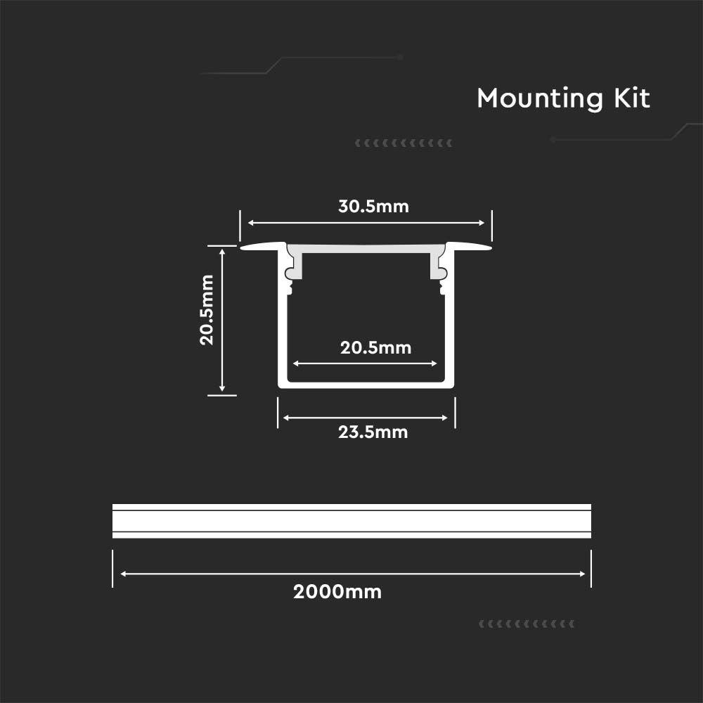 Profil Aluminiowy do paska LED wielkogabarytowy wpuszczany, 2000mmx30x20mm, Klosz: Mleczny, Kolor: Aluminium, VTAC, SKU 3372