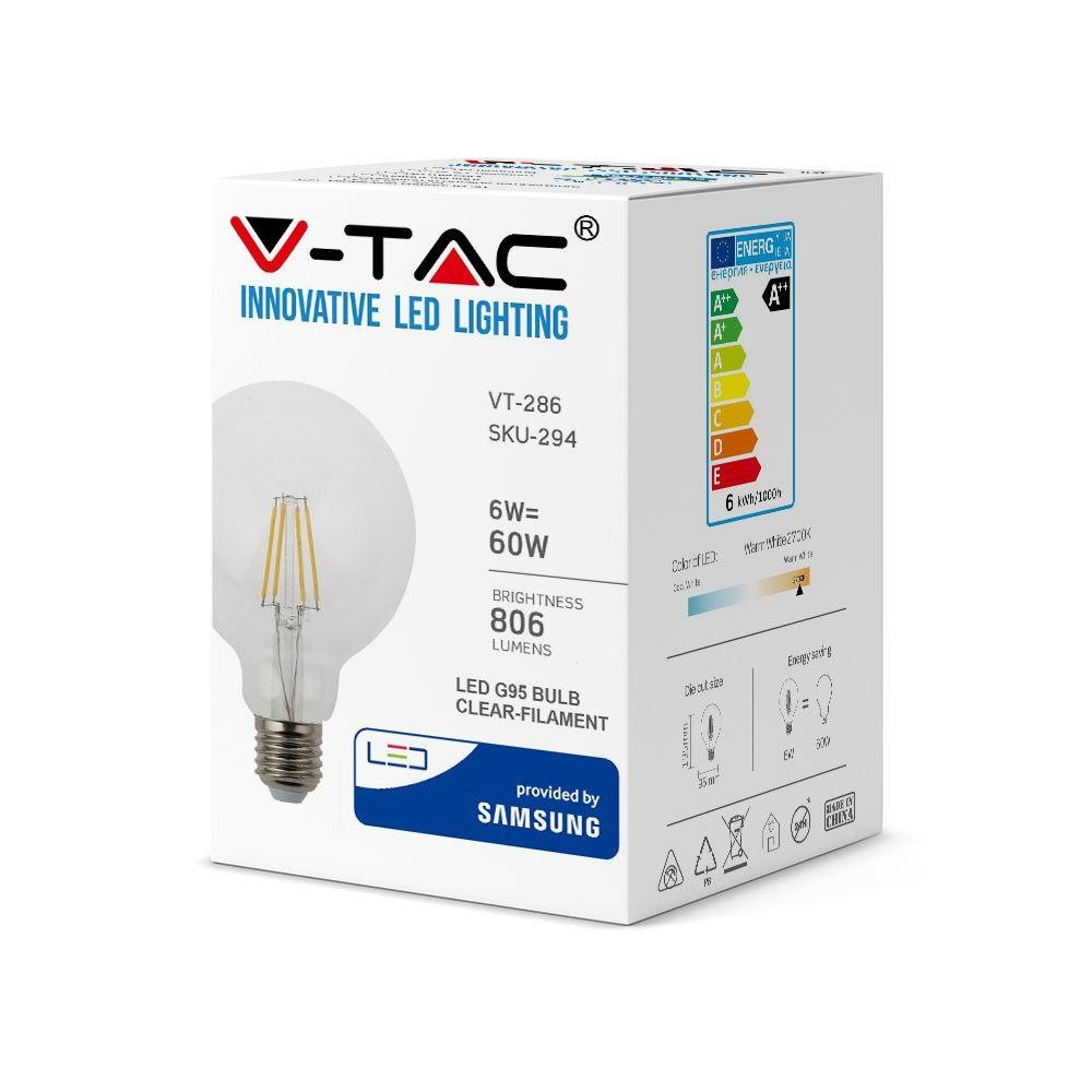 VT-286 6W G95 LED FILAMENT BULB SAMSUNG CHIP 2700K E27