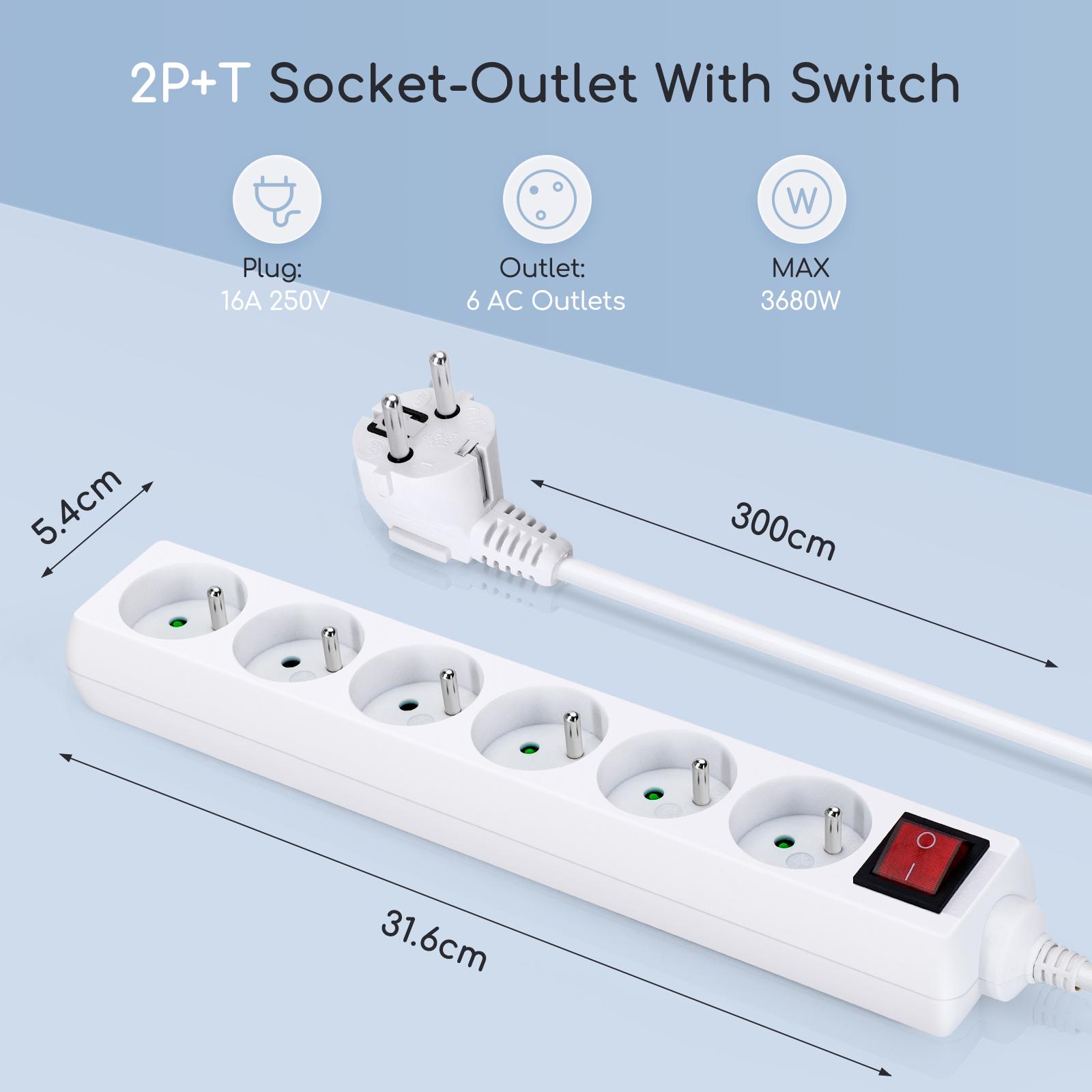 Power strips 6-way 3m H05VV-F 3G1.0m㎡ White