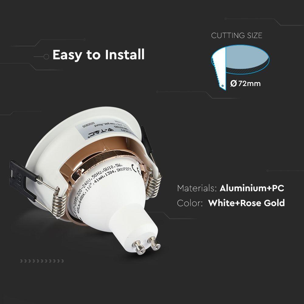 Oprawa wpuszczana Spot, Trzonek:GU10, Okrągła, Biały, Złoty róż , VTAC, SKU 3155